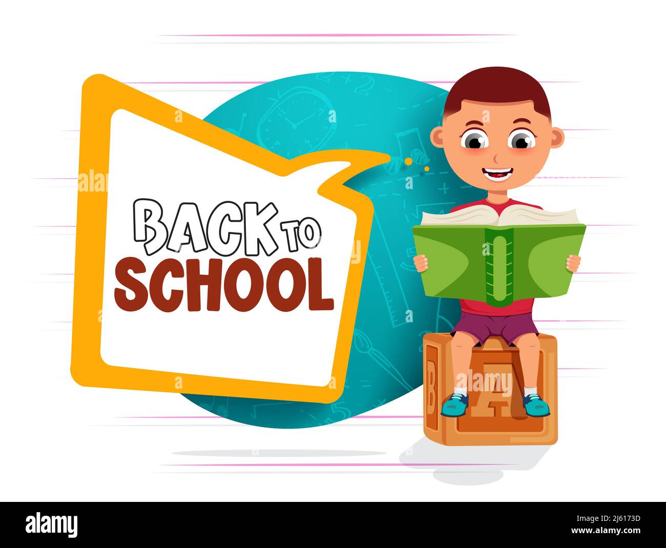 Zurück zur Schule Vektor-Konzept-Design. Zurück zur Schule Text mit männlichen Kind Lesen und sitzen mit Buch und Block Lernelement für pädagogische Studie. Stock Vektor