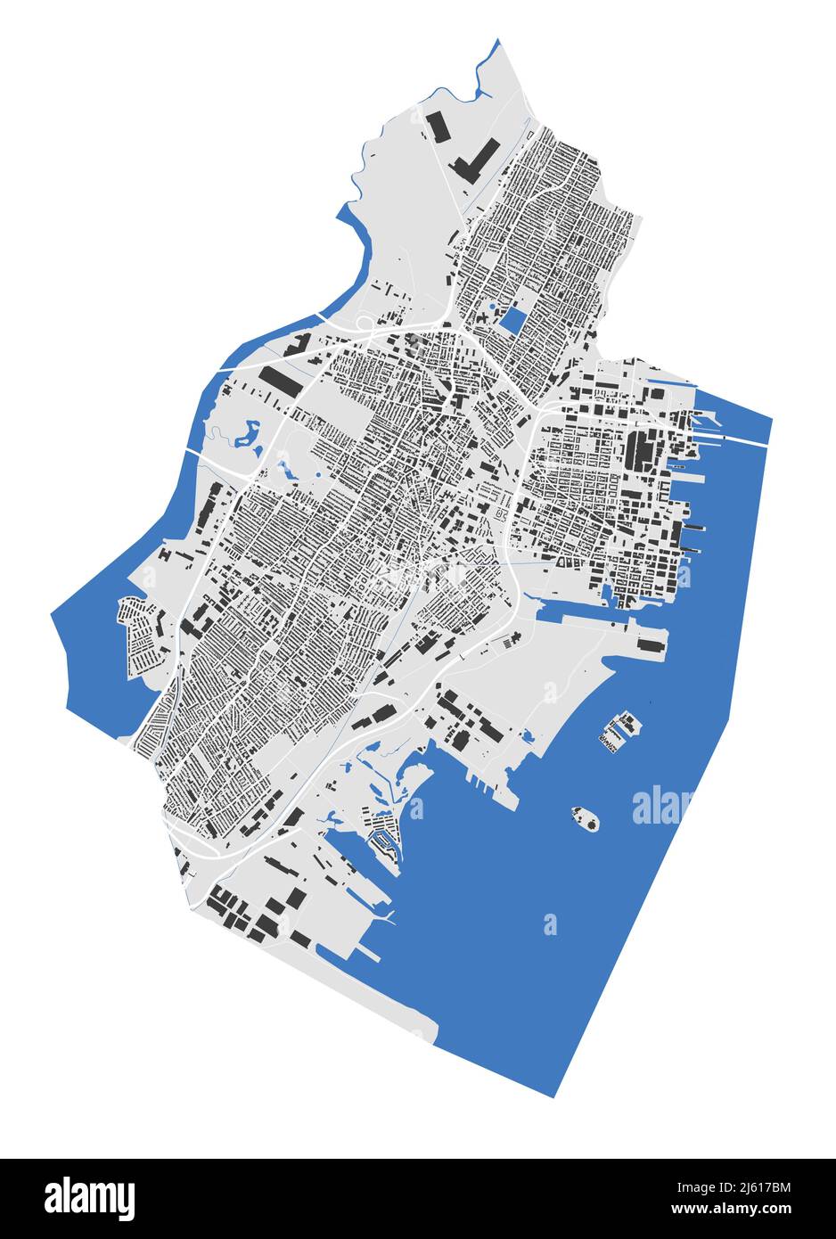 Jersey-Karte. Detaillierte Karte des Verwaltungsgebiets der Stadt Jersey. Stadtbild-Panorama. Lizenzfreie Vektorgrafik. Übersichtskarte mit Gebäuden, Wasser, Stock Vektor