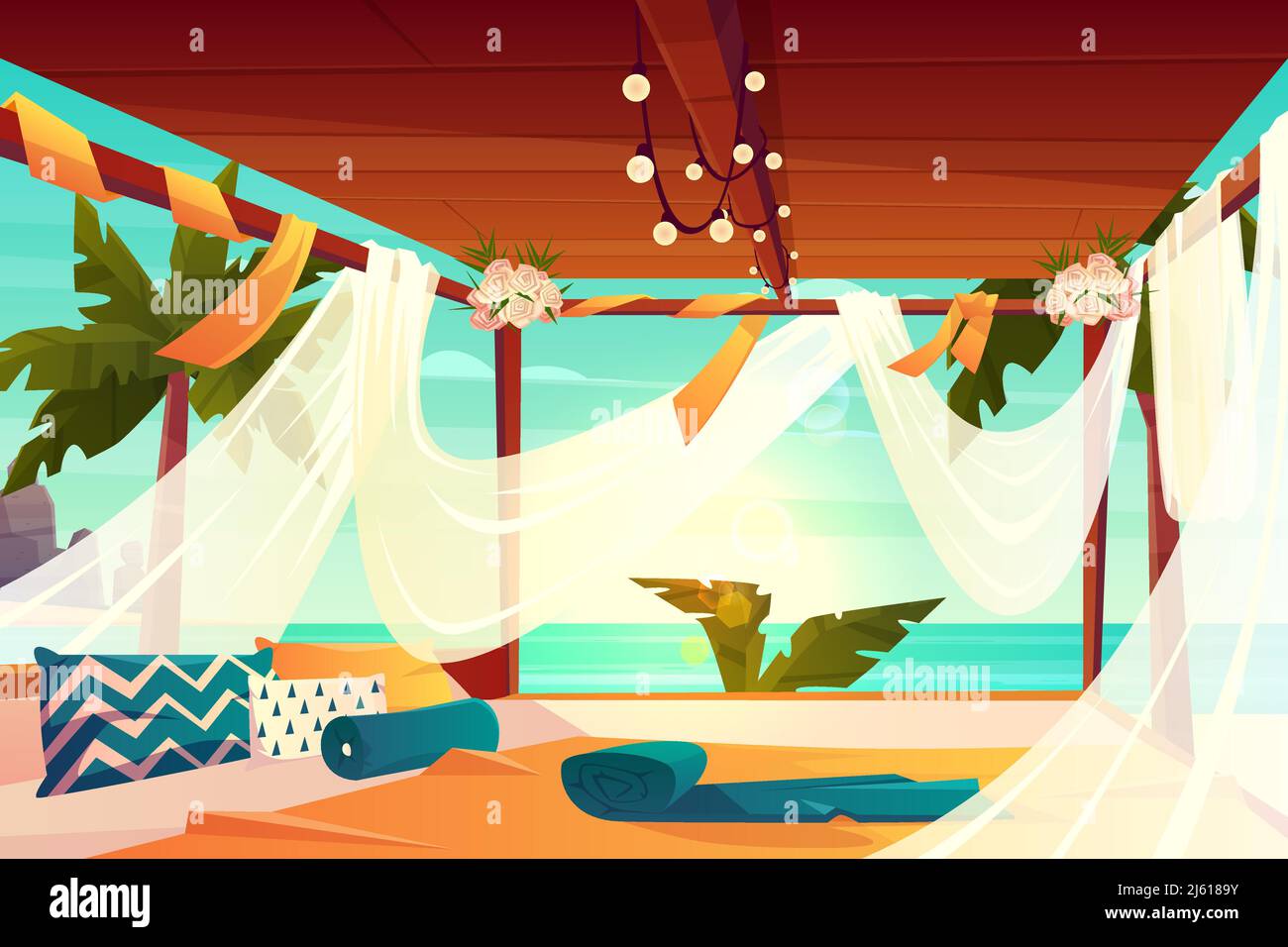 Chill-out-Bereich auf Luxus, tropischen Resort Cartoon-Vektor. Komfortable Terrasse, dekorierte Blumen, bedeckt mit weißem Sonnenschutztüll Baldachin und weichem p Stock Vektor