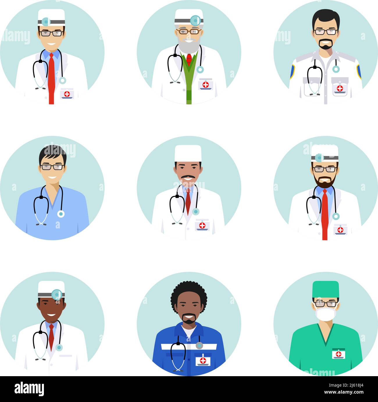 Medizinisches Konzept. Ein Set von farbenfrohen Mitarbeitern im flachen Stil: Ärzte und Krankenschwestern. Vektorgrafik. Stock Vektor