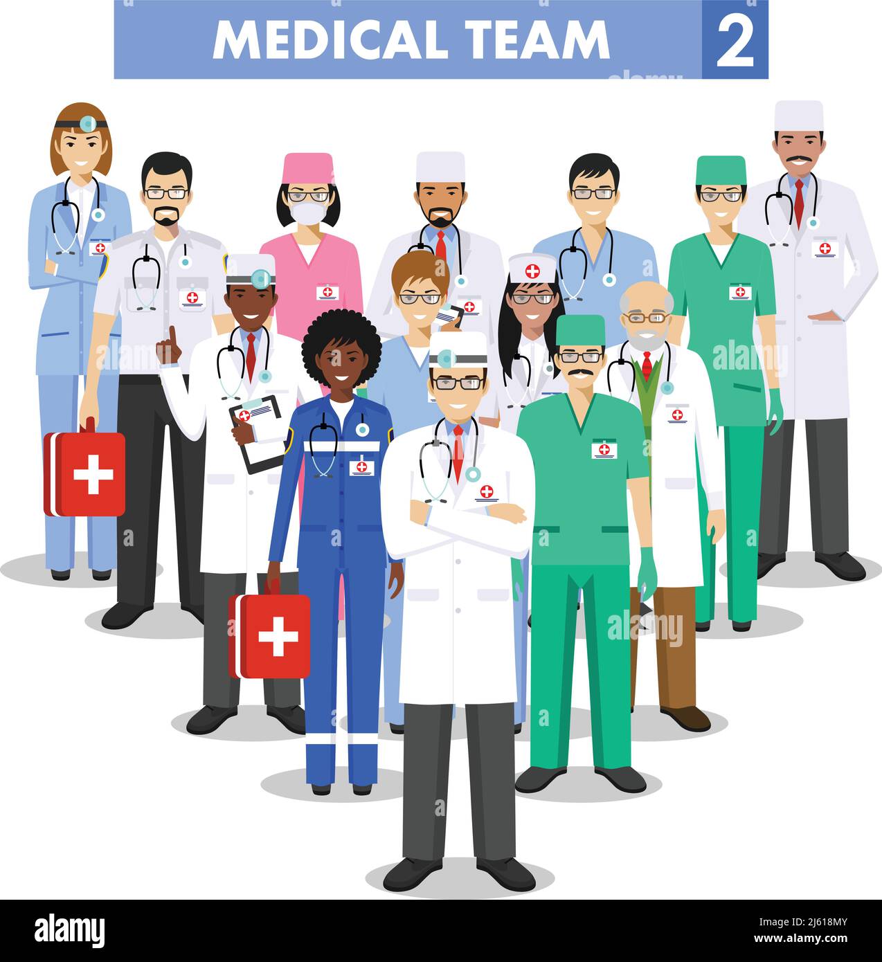 Detaillierte Darstellung von medizinischen Personen in flacher Ausführung auf weißem Hintergrund. Stock Vektor