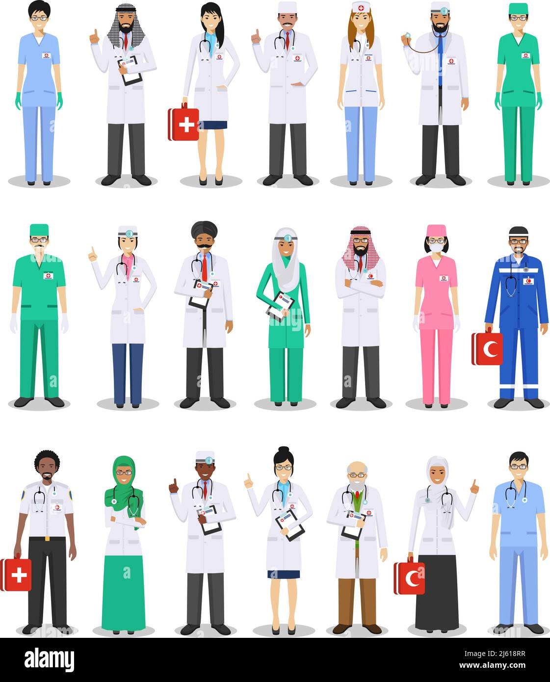 Internationales medizinisches Konzept. Detaillierte Darstellung von medizinischen Personen in flacher Ausführung auf weißem Hintergrund. Praktizierende Ärzte Mann und Frau stehen Stock Vektor