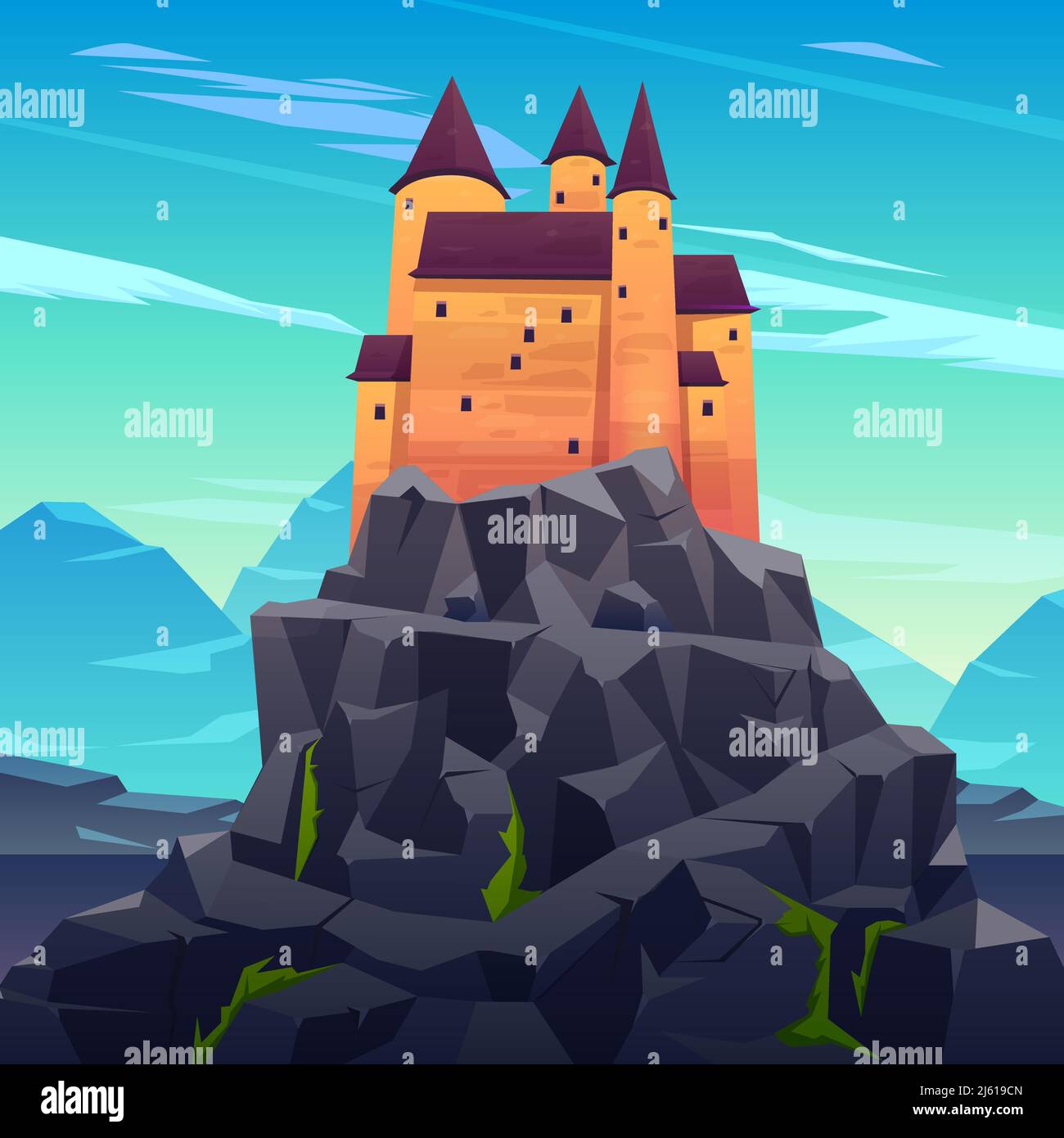 Mittelalterliche Burg, alte Zitadelle oder uneinnehmbare Festung mit Steintürmen auf felsigen Spitze Cartoon-Vektor. Märchenkönigspalast, königliche Festung, drac Stock Vektor