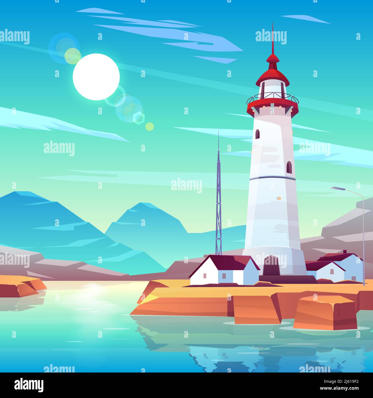 Leuchtturm auf felsiger Küste, umgeben von Häusern und fernsehturm unter der Sonne, die in bewölktem Himmel scheint. Meereslandschaft mit weißen Schnaubbbons auf See Stock Vektor