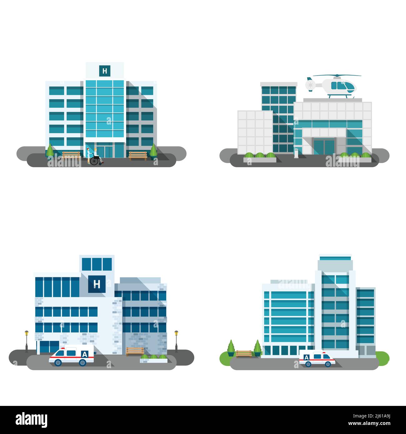 Krankenhaus Gebäude im Freien Fassaden flach dekorative Ikonen setzen isoliert Vektor Abbildung Stock Vektor