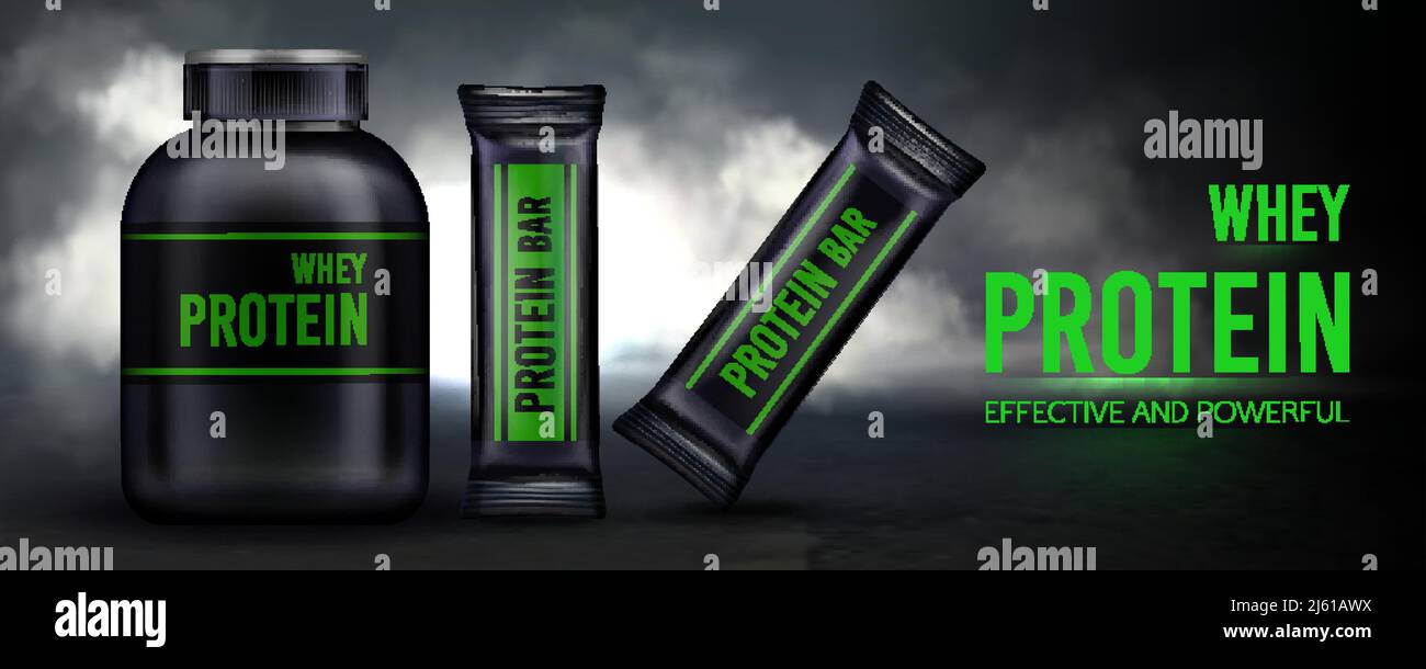 Sporternährung, Protein Molke Ergänzung und Bars Container Verpackung Mockup, Black Kunststoff-Glas mit Kappe und Paket auf dunklen rauchigen Hintergrund. Sport Stock Vektor