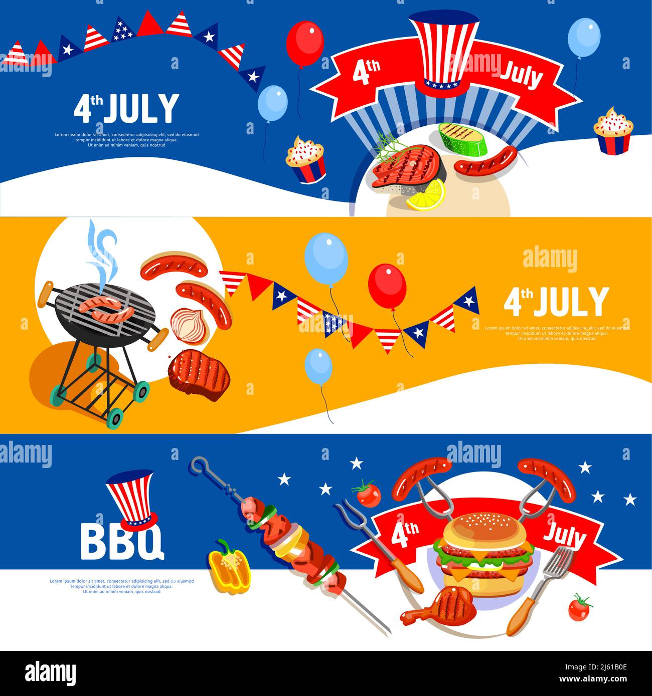 Unabhängigkeitstag juli vierte Feier grillparty 3 Wohnung bunt Horizontale Banner setzen abstrakte isolierte Vektor-Illustration Stock Vektor
