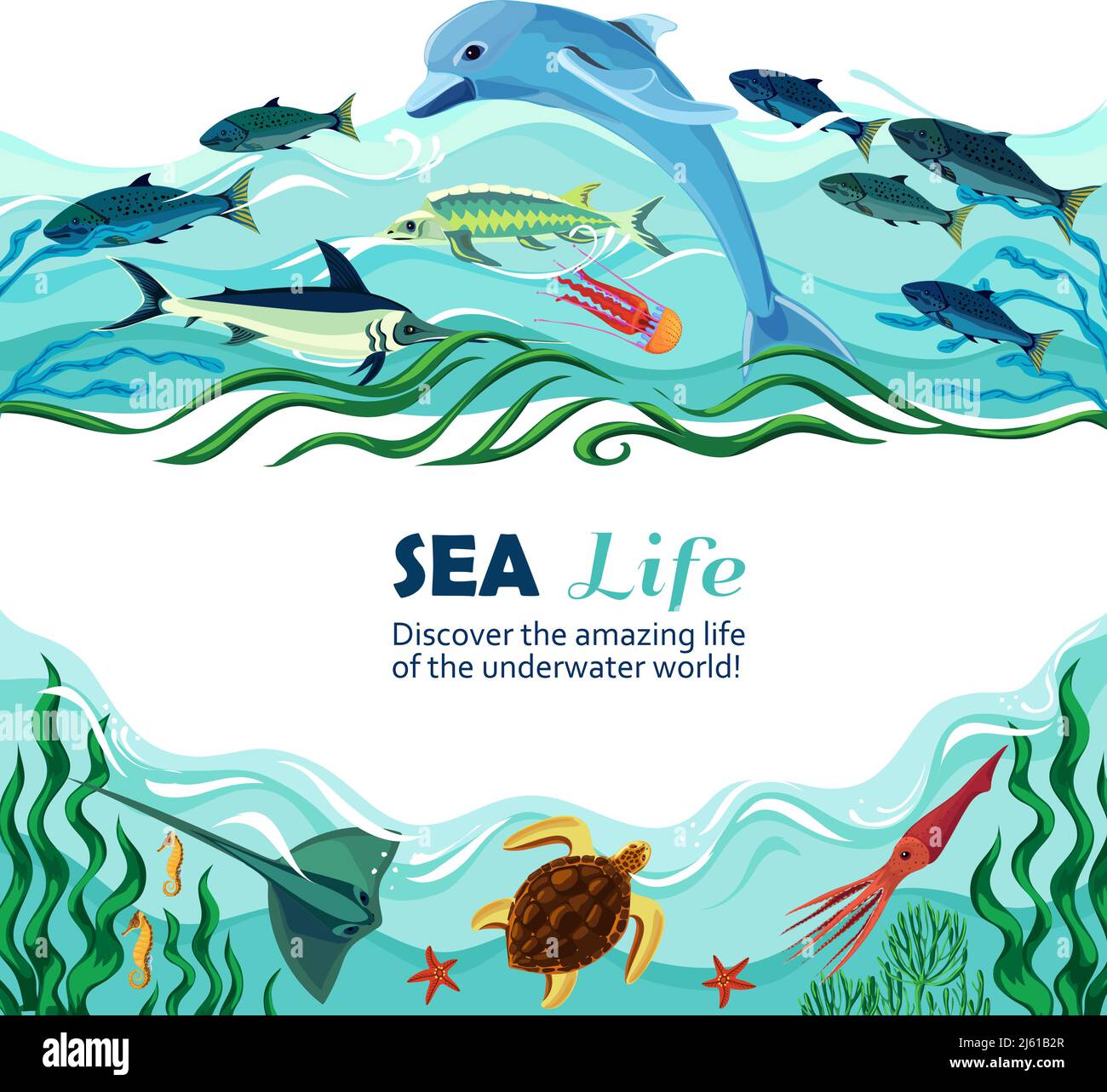 Cartoon-Vektor-Illustration von Meeresleben mit exotischen Unterwasserbewohner Und Schwarm von Fischen in Meereswellen Stock Vektor