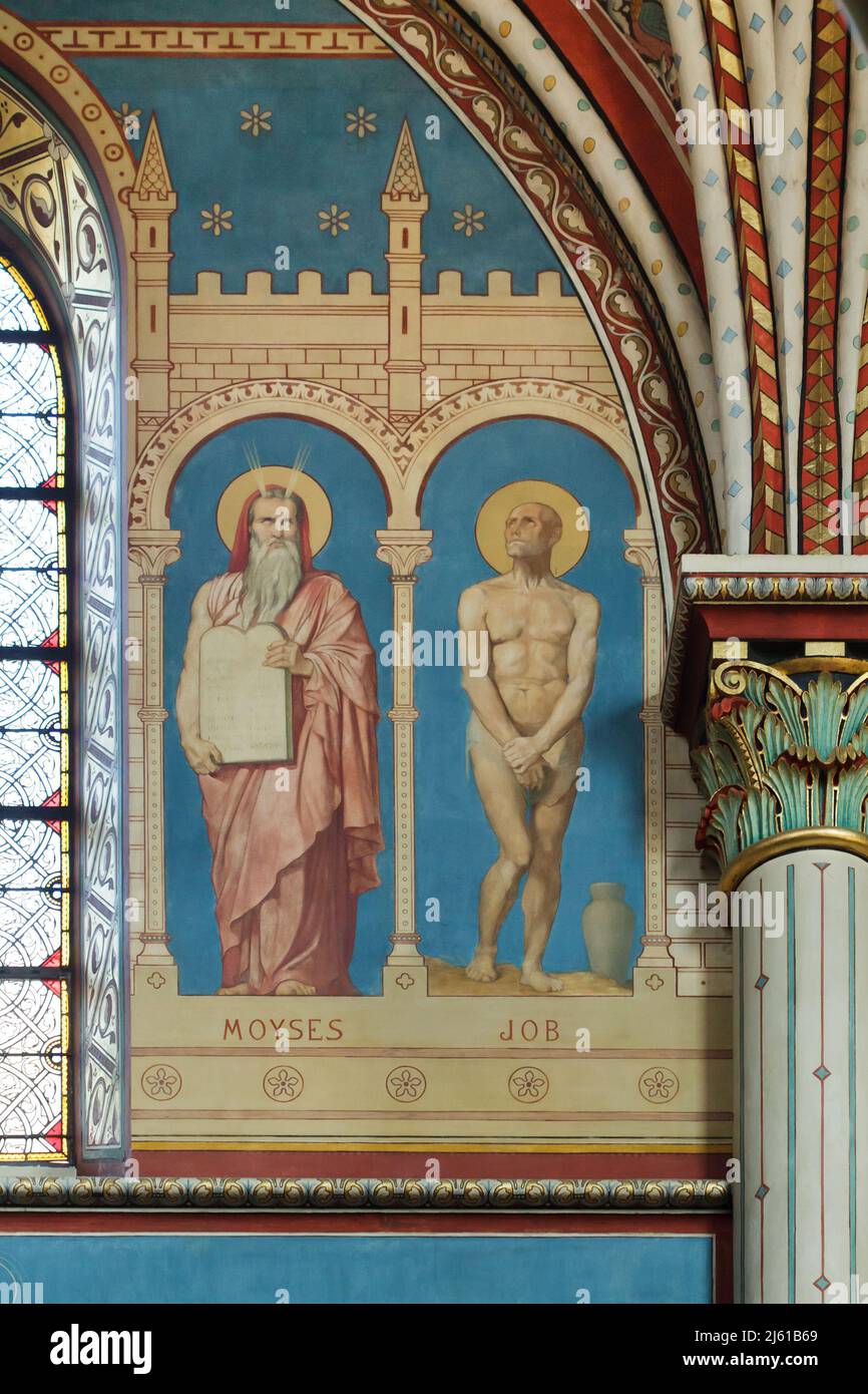 Moses und Hiob auf dem Wandgemälde des französischen Malers Jean-Hippolyte Flandrin (1856-1863) in der Kirche Saint-Germain-des-Prés in Paris, Frankreich. Stockfoto