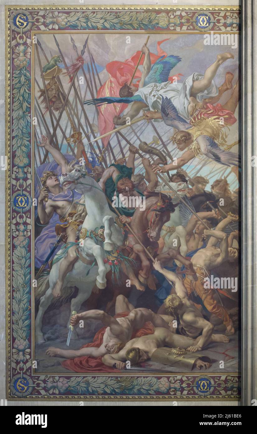 Die Schlacht von Tolbiac, dargestellt auf dem Wandgemälde des französischen Malers Paul-Joseph Blanc (1874) im Panthéon in Paris, Frankreich. Stockfoto