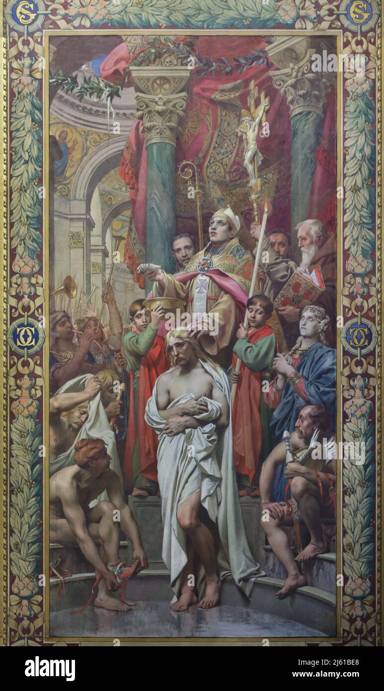 Die Taufe von König Clovis I, dargestellt auf dem Wandgemälde des französischen Malers Paul-Joseph Blanc (1874) im Panthéon in Paris, Frankreich. Stockfoto