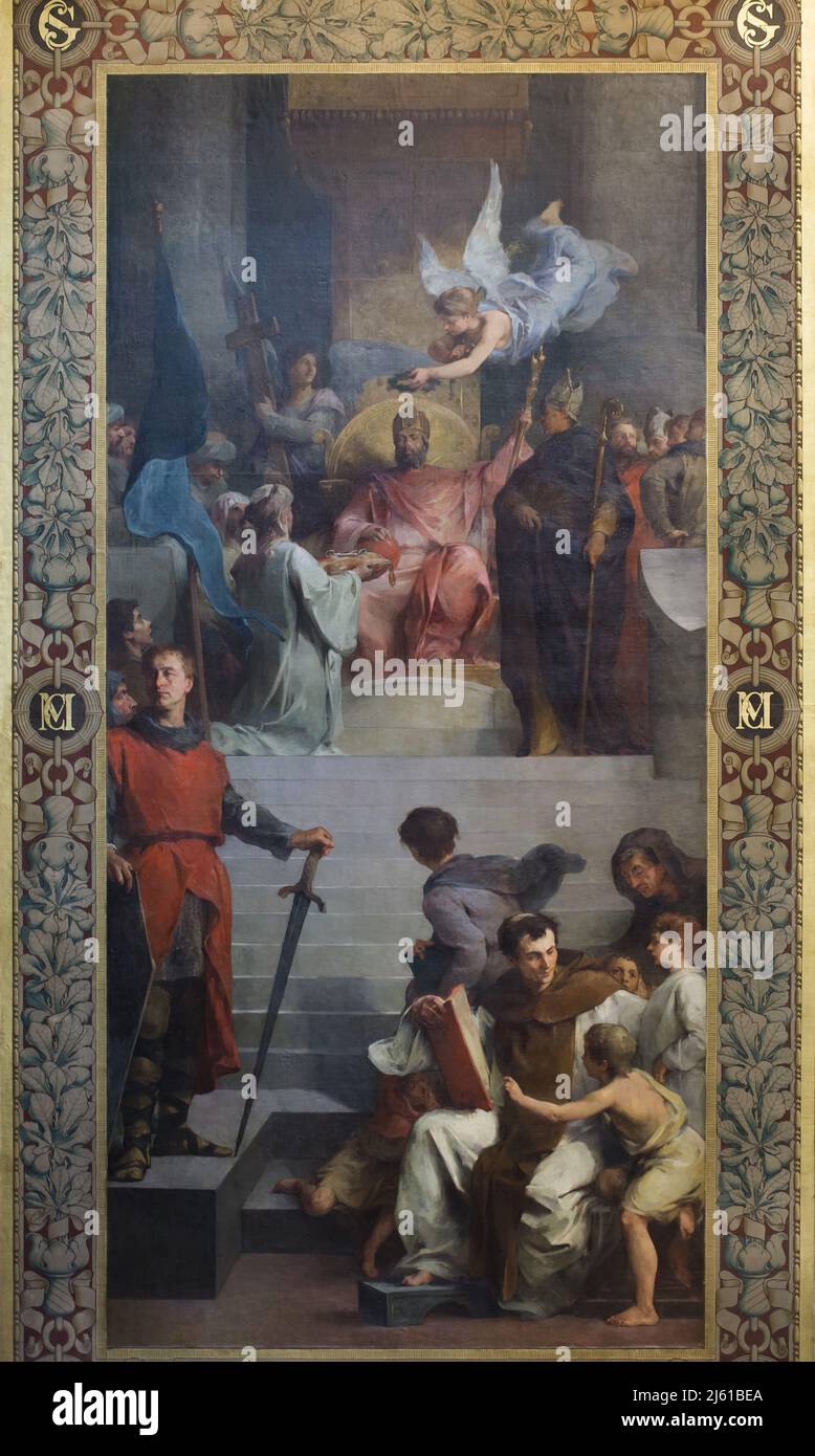 Krönung Karls des Großen, dargestellt in der Wandmalerei des französischen Malers Henri-Léopold Lévy (1874) im Panthéon in Paris, Frankreich. Stockfoto