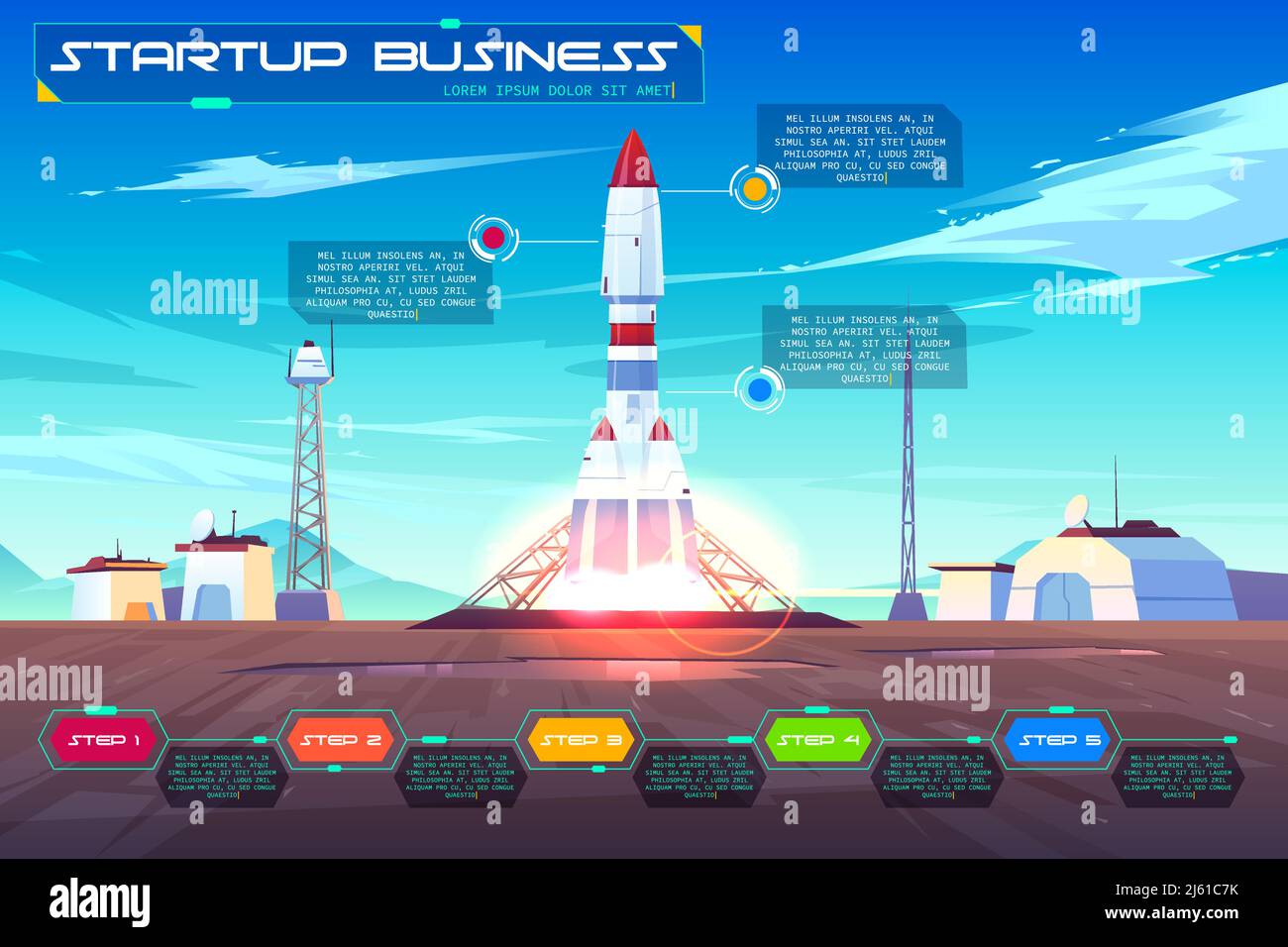 Start Unternehmen Startup Cartoon Vektor-Banner, Poster. Raumschiff, Raketenstart von der Startrampe Abbildung. Geschäftsprojekt planen, entwickeln Stock Vektor