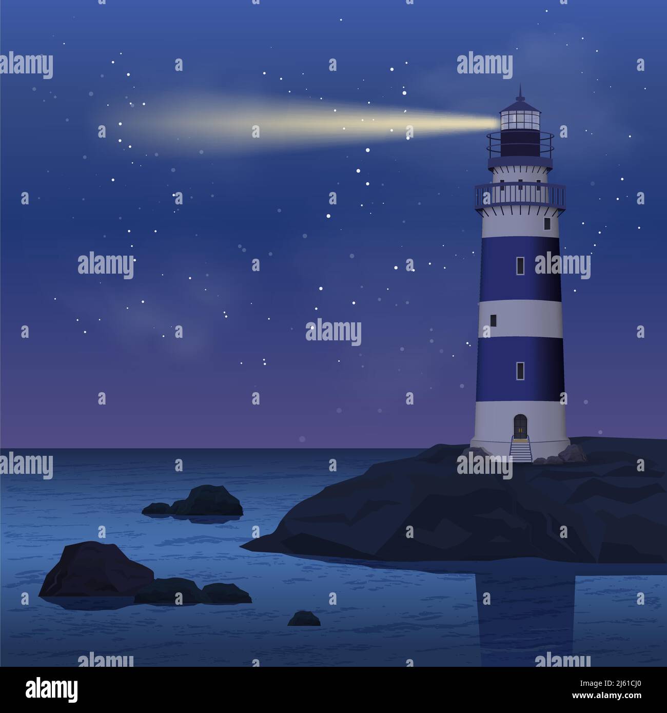 Realistischer Leuchtturm auf Meeresfelsen in der Nacht Vektor-Illustration Stock Vektor