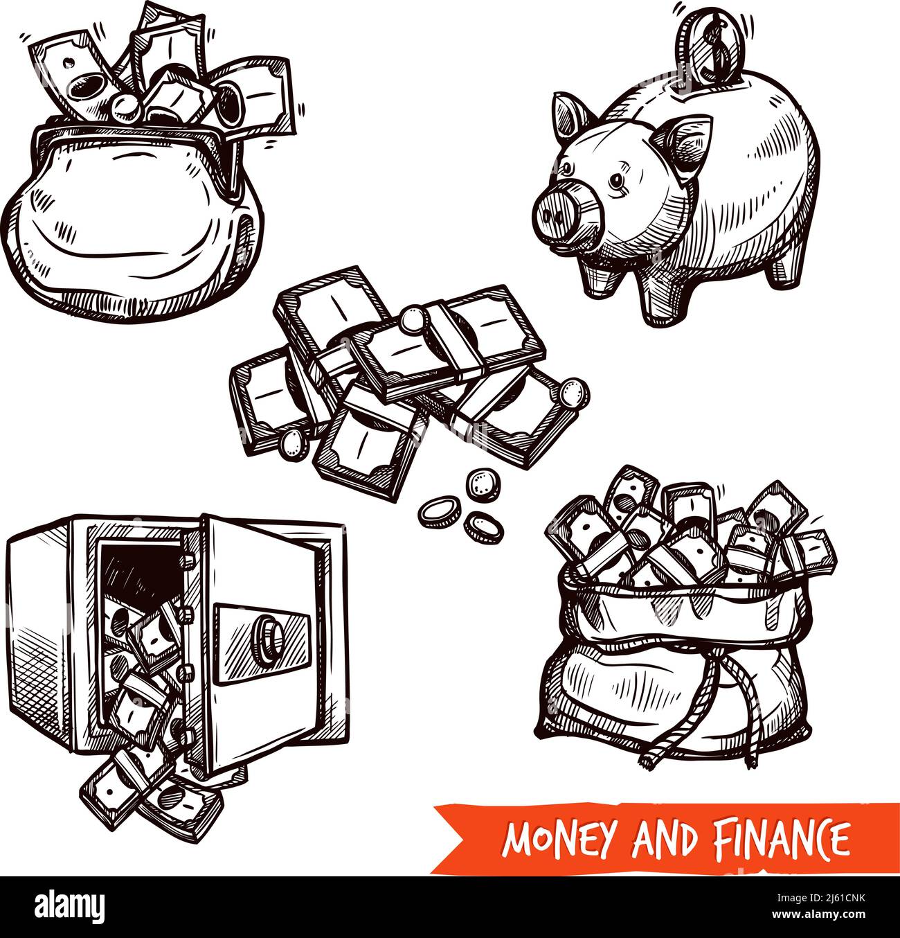 Hand gezeichnet Finanzen Geschäft sicher Geld sparen Symbole Piktogramme gesetzt Im Doodle-Stil abstrakte Vektor isolierte Illustration Stock Vektor
