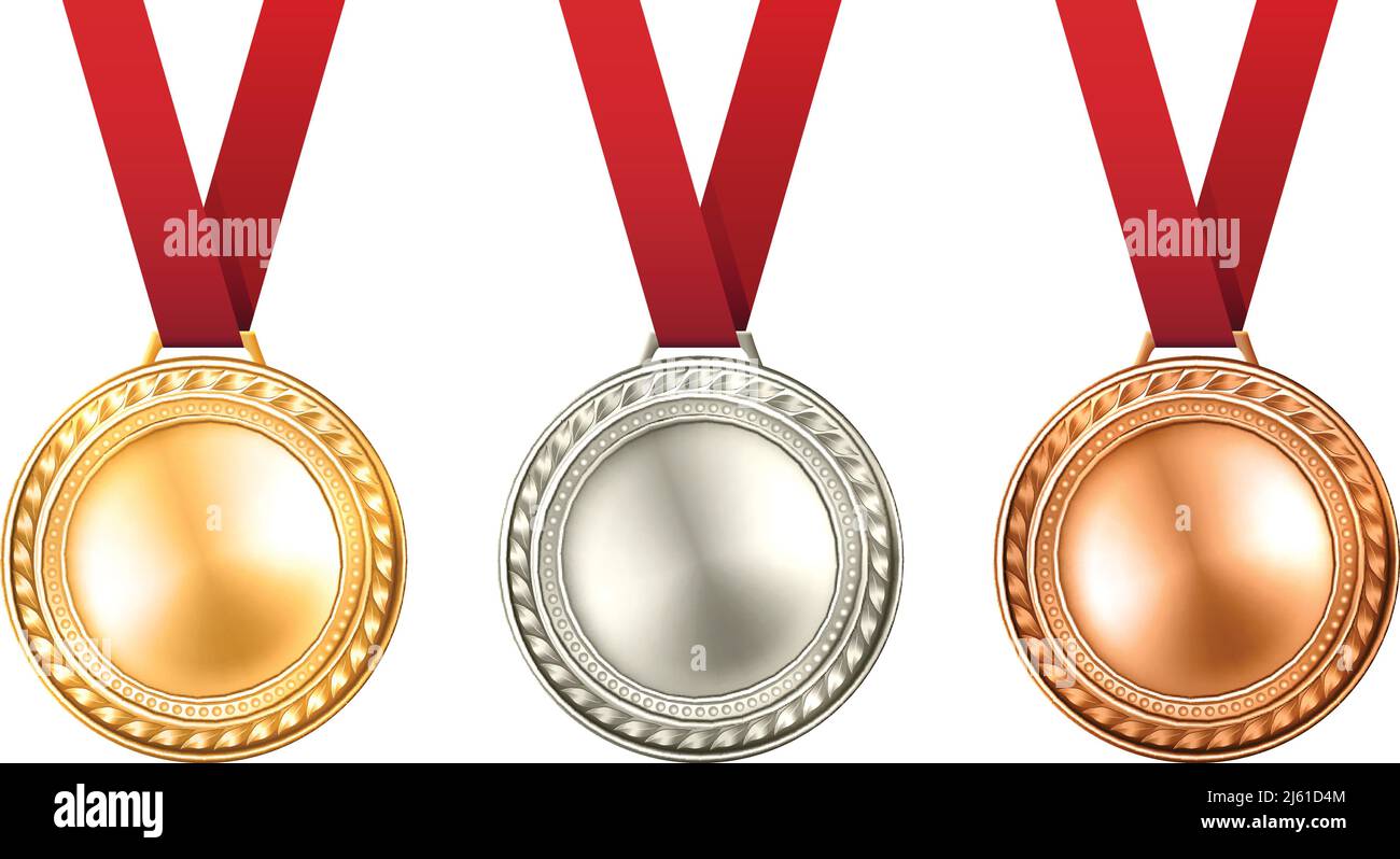Gold Silber und Bronze Medaillen mit Bändern realistisch isoliert gesetzt vektorgrafik Stock Vektor