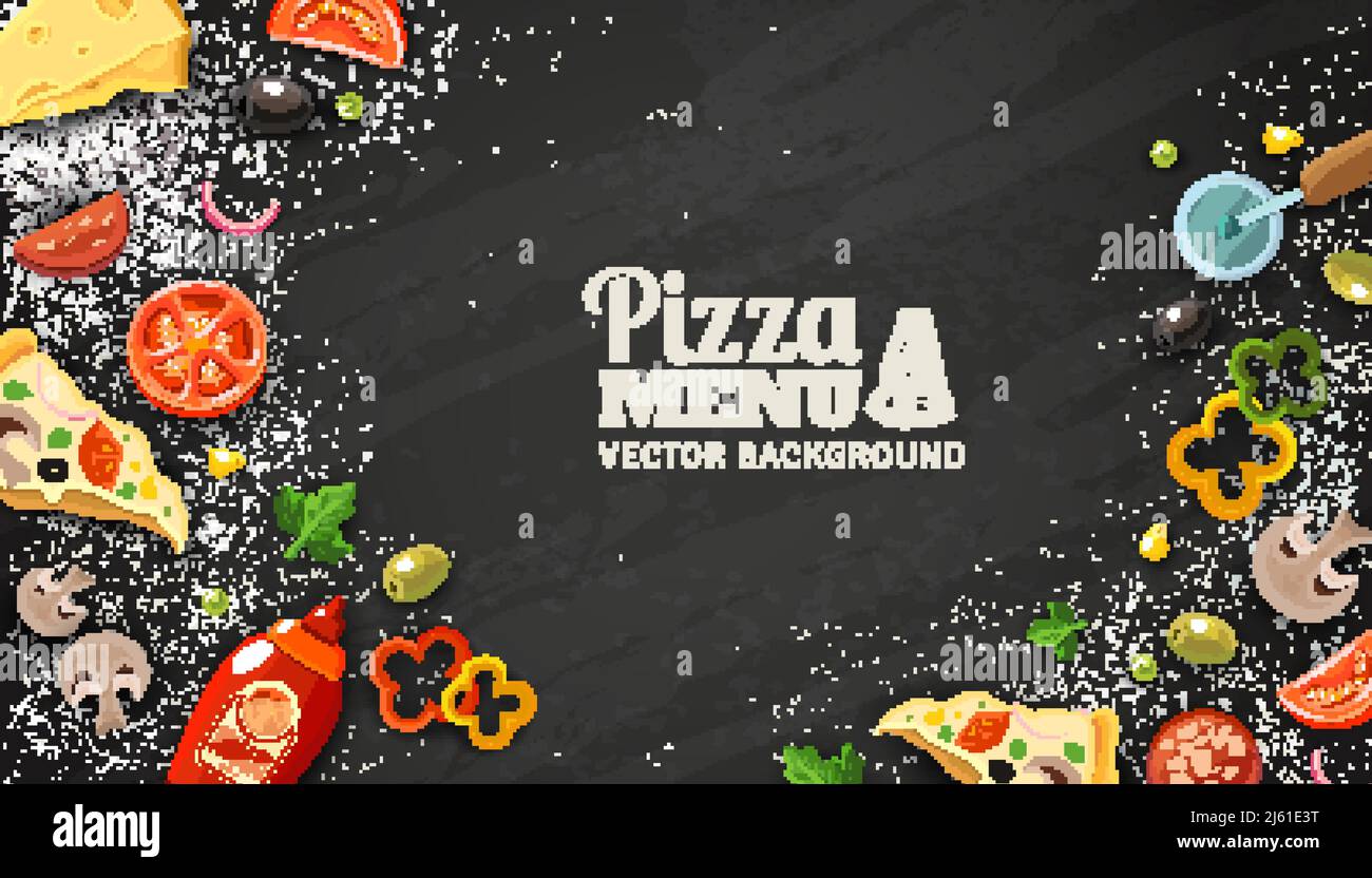 Pizza Menü Kreidetafel Cartoon Hintergrund mit frischen Zutaten Vektor-Illustration Stock Vektor