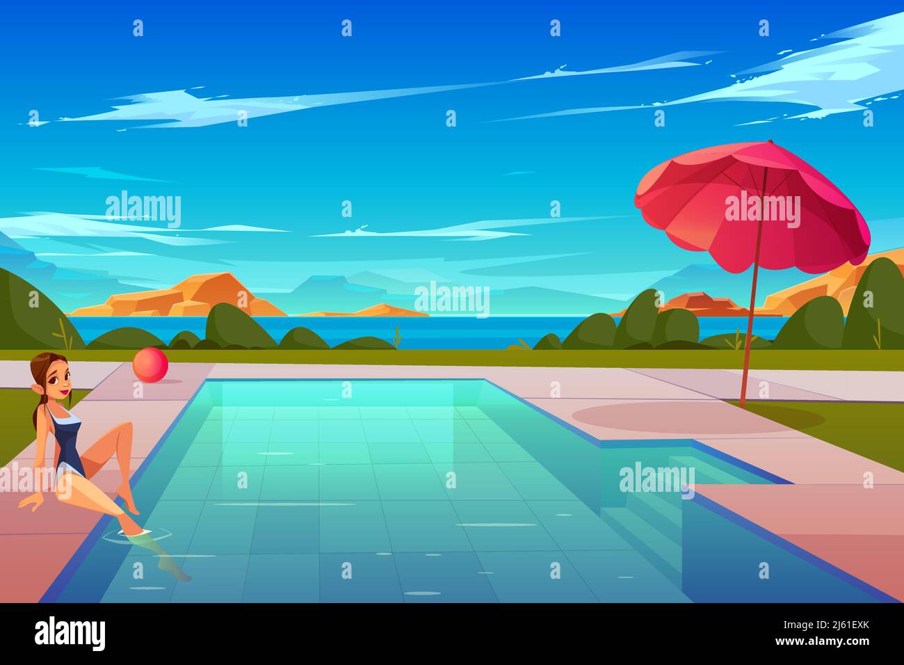 Freizeit auf Sommerurlaub Karikatur Vektor-Konzept. Junge attraktive Frau im Badeanzug, sitzt am Pool, taucht die Beine in Wasser, ruht sich aus und re Stock Vektor