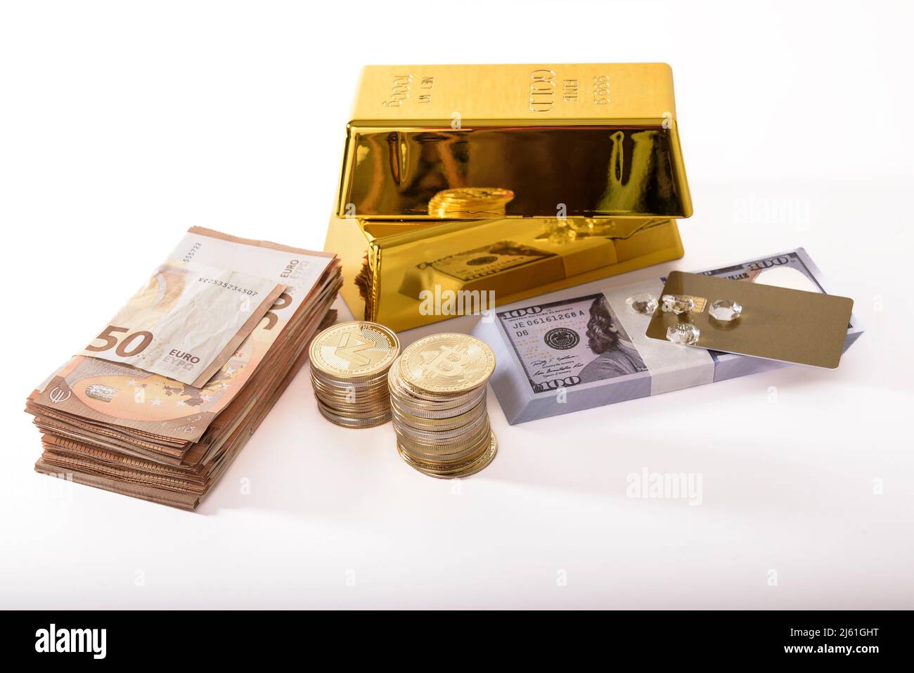 Konzept der Fülle von materiellem Reichtum, Gold, Devisen, Diamanten. Stockfoto