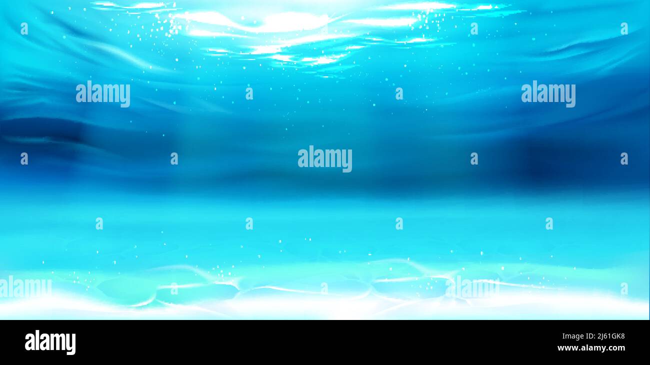 Unterwasserhintergrund, Wasseroberfläche, Meer, Meer, Schwimmbad Transparente Aqua-Textur mit Wellen, Wellen und Sonnenstrahlen, die nach unten fallen, Vorlage Stock Vektor