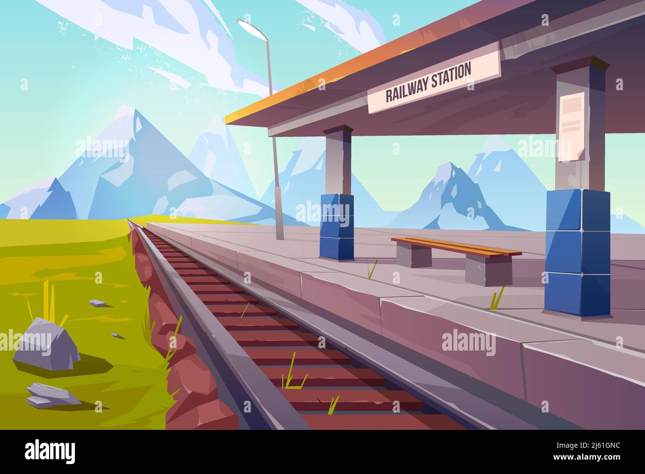 Bahnhof in den Bergen, leerer Bahnsteig für Zug im Hochland Landgebiet Perspektivansicht, schöne Naturlandschaft Hintergrund, Stock Vektor