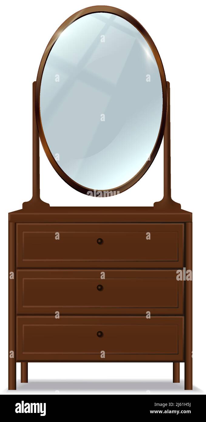 3D realistisches Vektorsymbol. Braune Kommode aus Holz mit ovalem Spiegel und Schubladen. Isoliert auf weißem Hintergrund. Stock Vektor