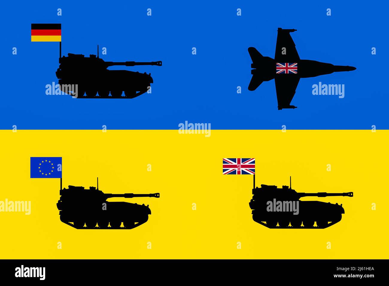 Flagge der Ukraine mit Panzern und Flugzeugen mit, Flaggen des Vereinigten Königreichs, Deutschlands und der Europäischen Union. Russland Ukraine Krieg, militärische Hilfe, Panzer... Konzept Stockfoto