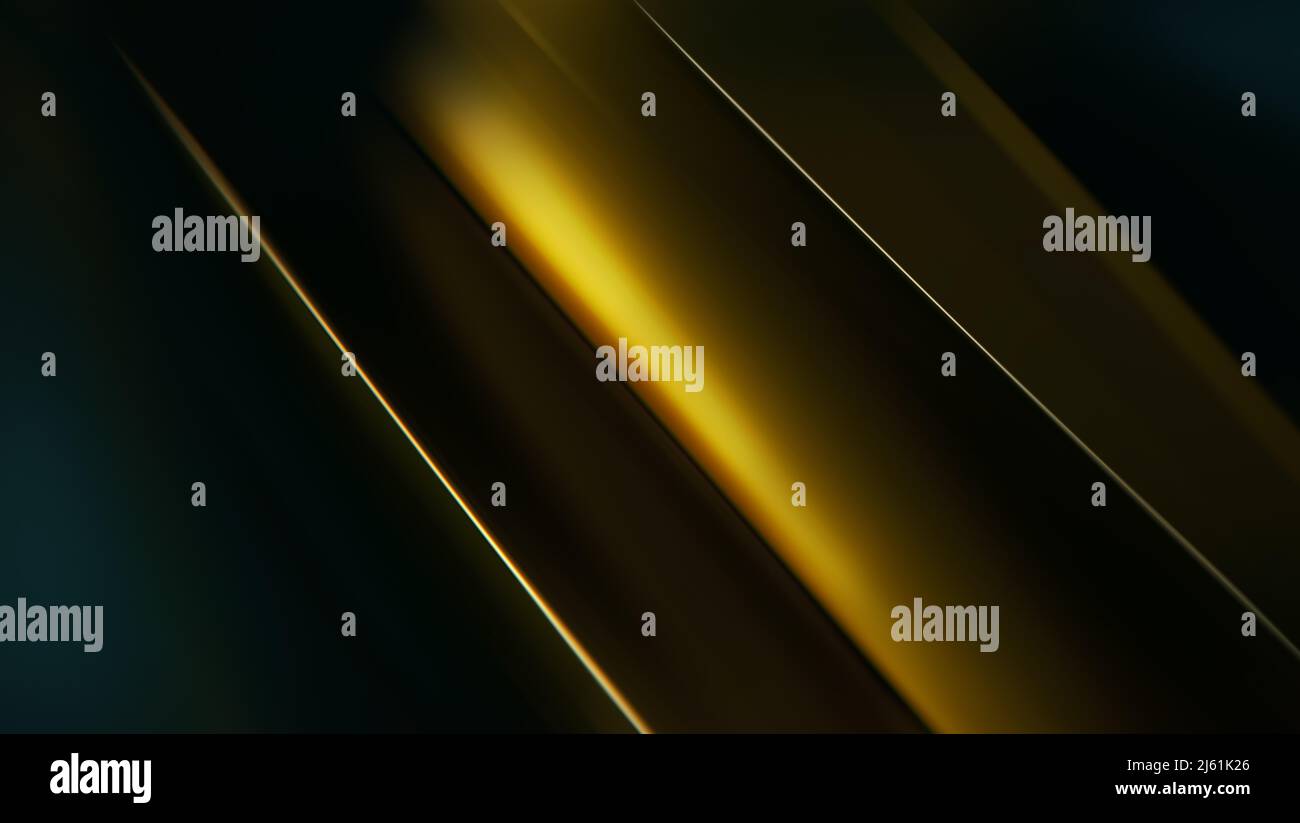 Schwarz und Gold verschwommener abstrakter Hintergrund. Unschärfes Hintergrundbild von Goldbarren. Dunkles, luxuriöses geometrisches Designelement. Goldene glänzende Linien Stockfoto