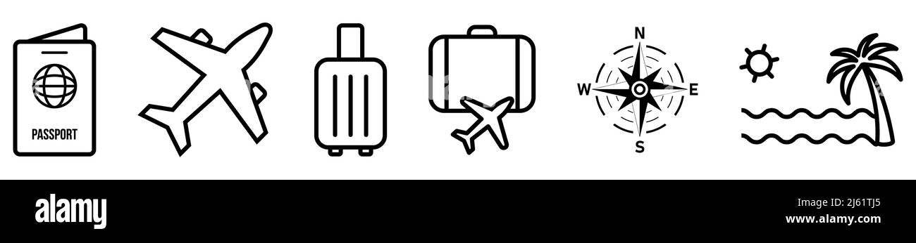 Satz von Symbolen für die Fahrlinie. Enthält Symbole wie Gepäck, Reisepass, Flugzeug, Kompass und Strand. Vektordarstellung auf weißem Hintergrund isoliert Stock Vektor Satz von Symbolen für die Fahrlinie. Enthält Symbole wie Gepäck, Reisepass, Flugzeug, Kompass und Strand. Vektordarstellung auf weißem Hintergrund isoliert Stock Vektor