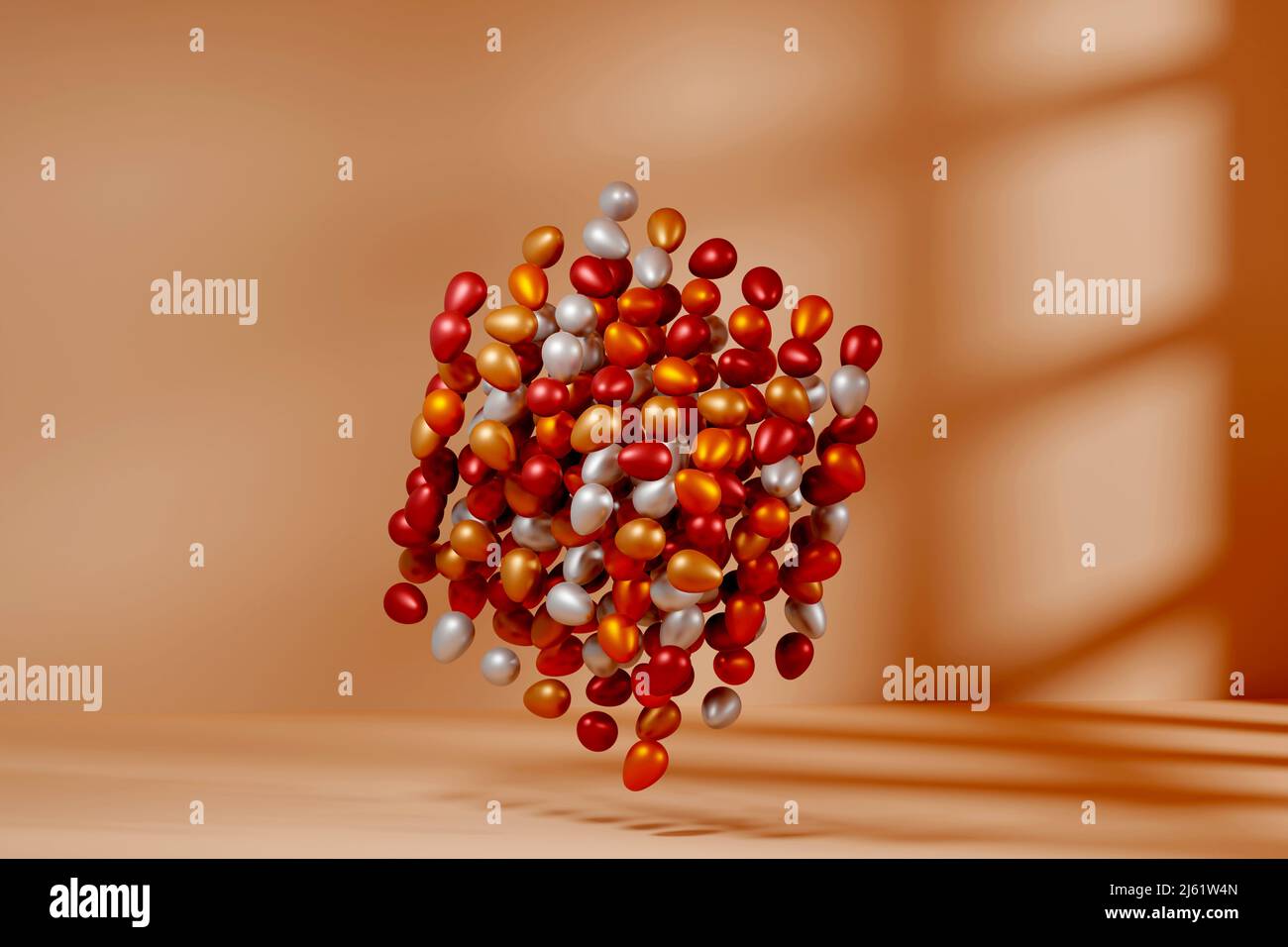 Dreidimensionales Rendering von schwimmenden Würfeln aus metallischen Eiern Stockfoto