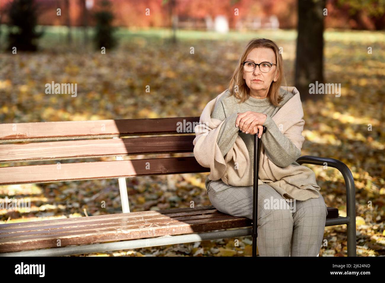 Ältere Frau mit Brille sitzt auf der Bank mit Gehstock im Park Stockfoto