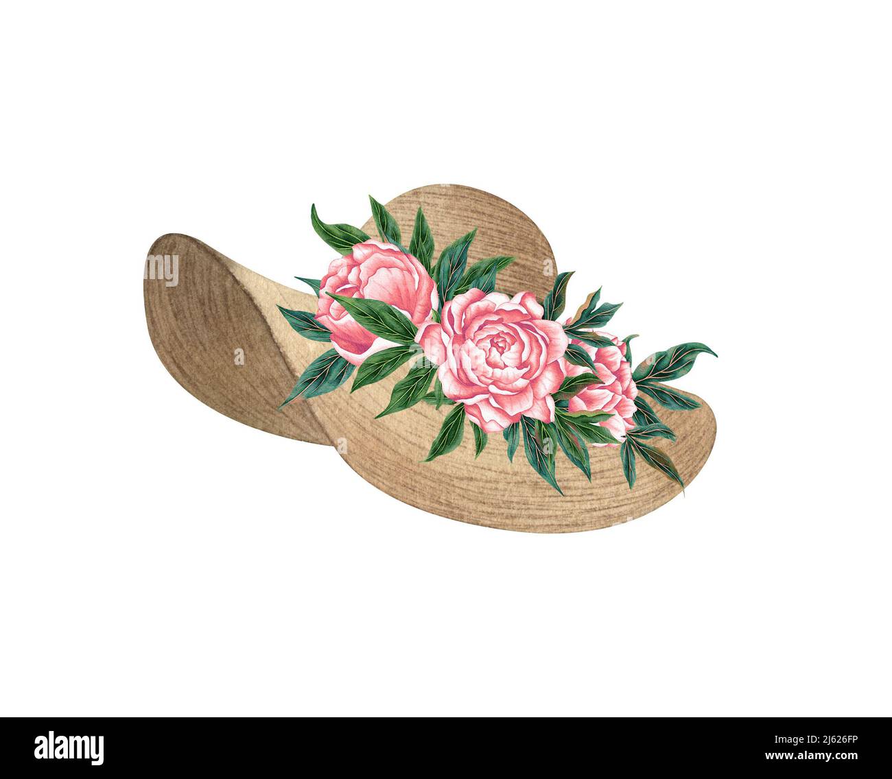 Aquarell Land Stiefel mit roten Blumen und Grün, Illustration isoliert auf weißem Hintergrund. Rustikale Hochzeit. Stockfoto