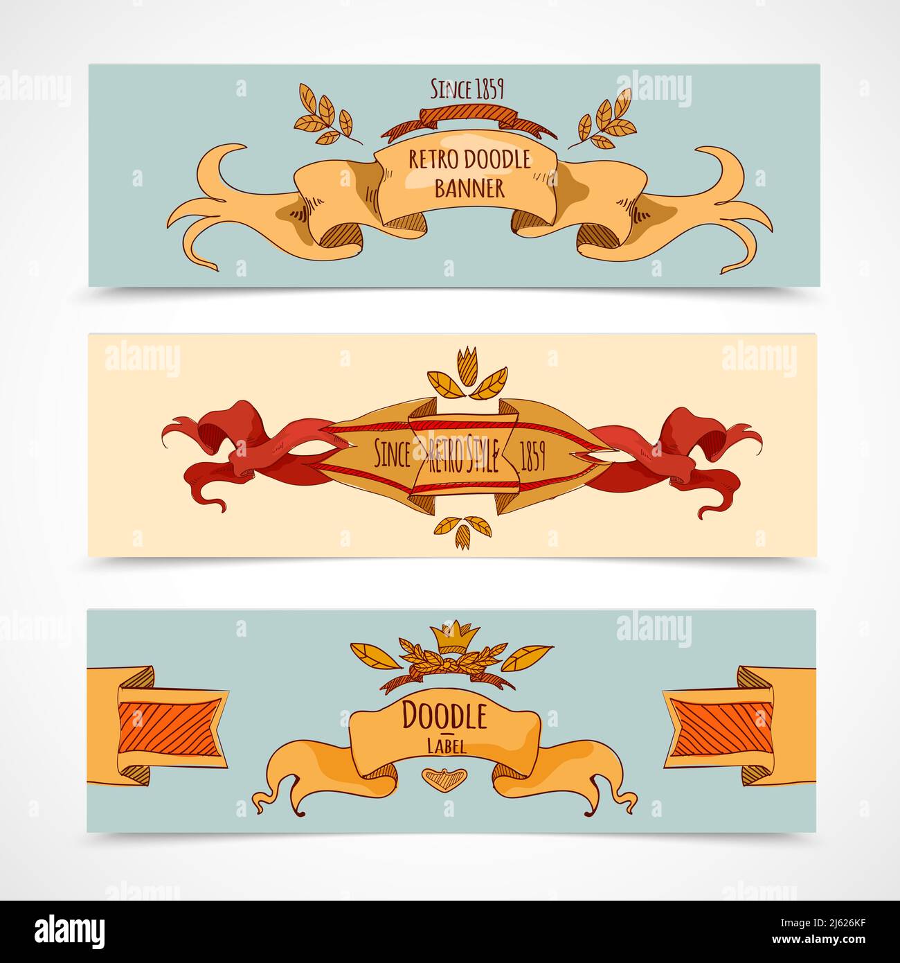 Handgezeichnete horizontale Banner Set mit Retro-Stil Bänder Dekoration Isolierte Vektordarstellung für Elemente Stock Vektor