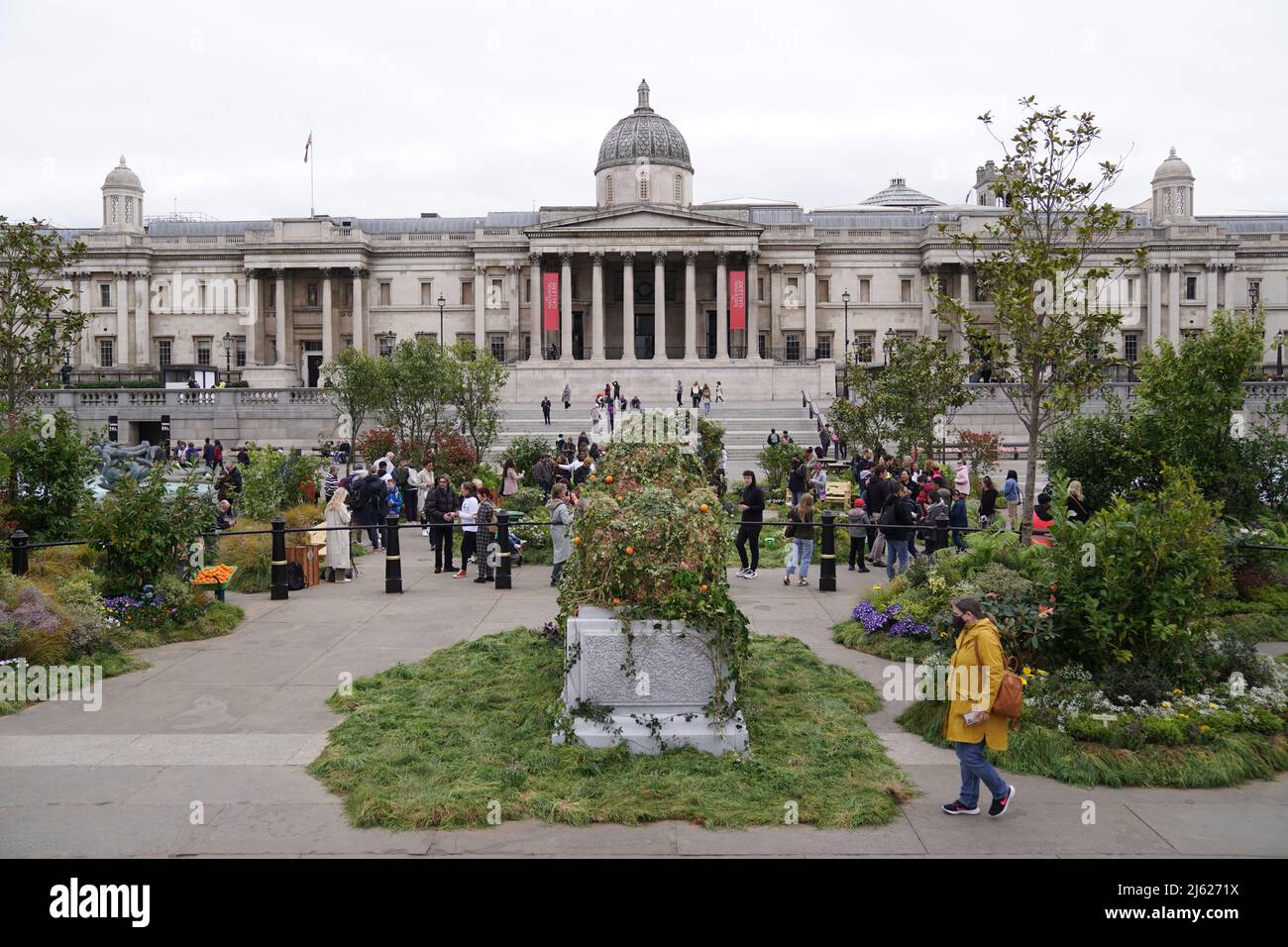 Der Trafalgar Square im Zentrum von London ist mit Pflanzen und Blumen bedeckt, als eine Initiative gestartet wurde, um 2 Millionen Hektar Land zu züchtet und zu schützen. Die temporäre Installation, die aus über 6000 Pflanzen, Blumen und Bäumen besteht, soll das Bewusstsein für die Bedeutung der Biodiversität in städtischen Räumen schärfen, wobei die Besucher des Geländes eingeladen werden, eine der Pflanzen zu holen und wieder zu Hause zu sein. Bilddatum: Mittwoch, 27. April 2022. Stockfoto