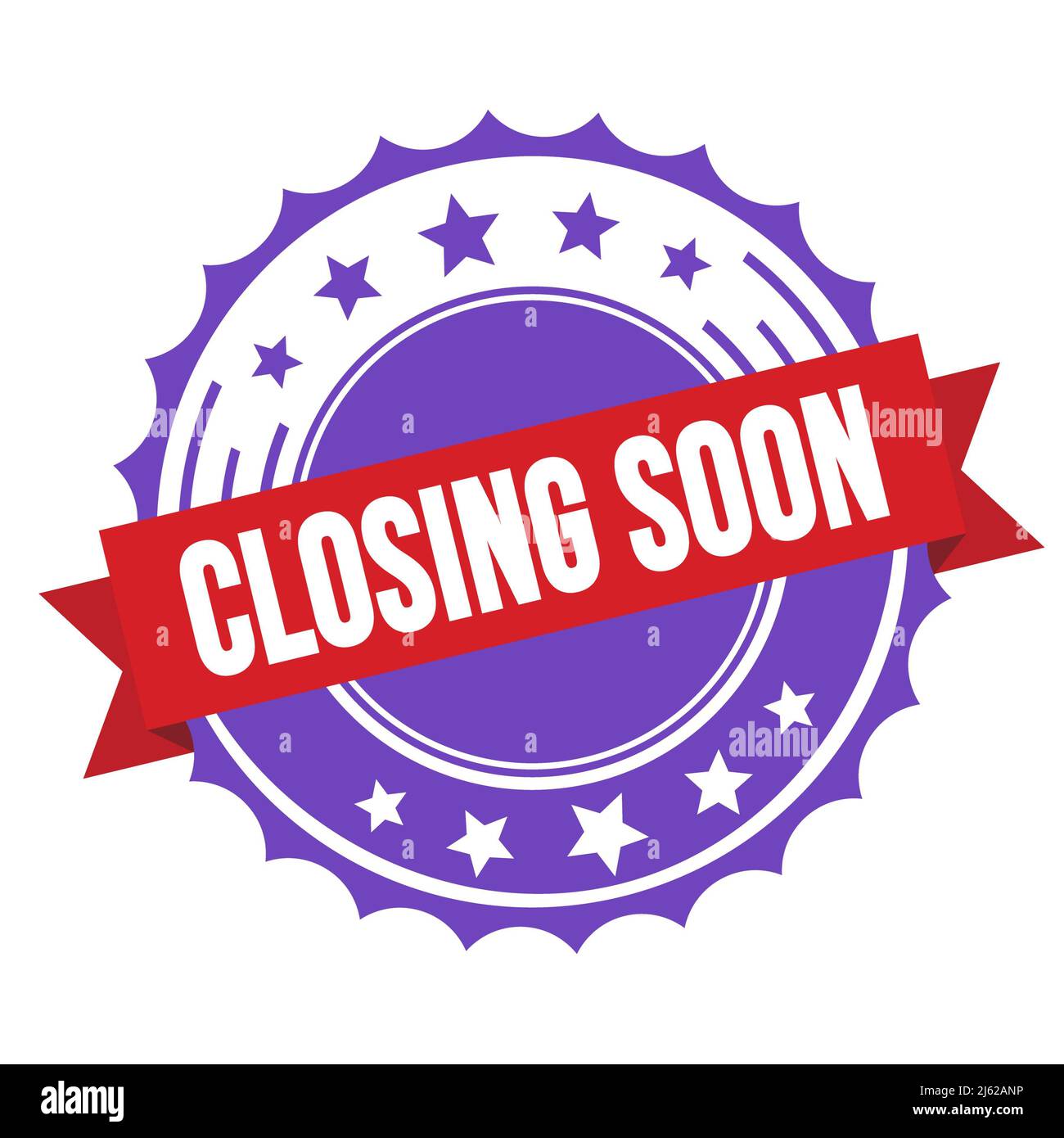 BALD WIRD der Text auf dem rot-violetten Band-Abzeichen-Stempel geschlossen. Stockfoto