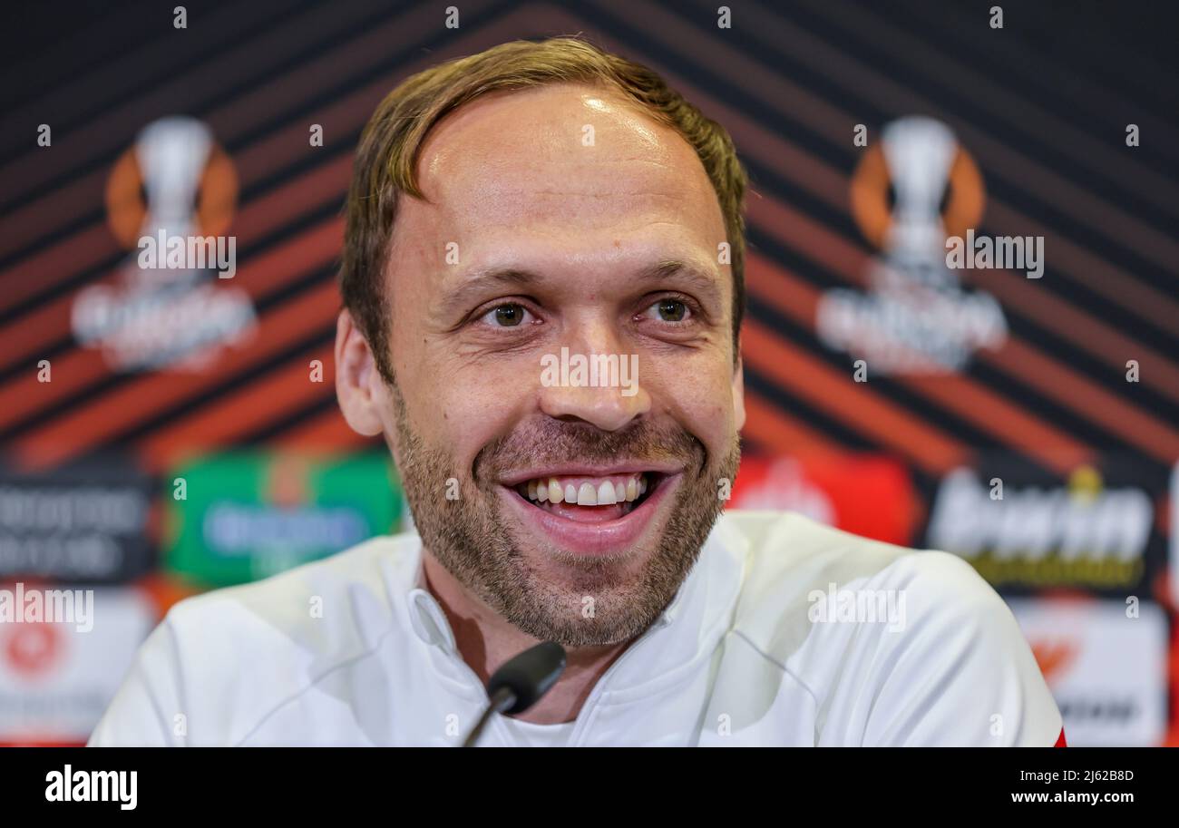 Leipzig, Deutschland. 27. April 2022. Fußball: Europa League, RB Leipzig - Glasgow Rangers, vor dem Halbfinale. Leipzig-Co-Coach Andreas Hinkel spricht auf einer Pressekonferenz. Quelle: Jan Woitas/dpa/Alamy Live News Stockfoto