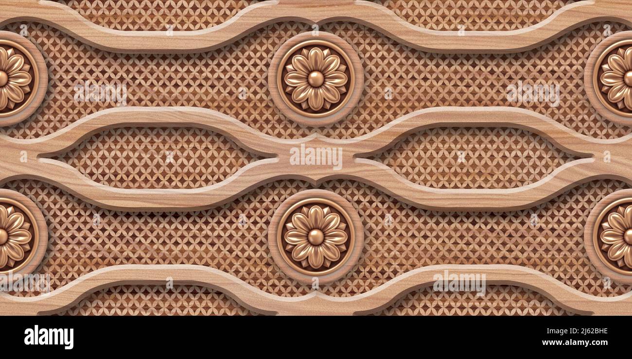 3D Tapete Hintergrund mit goldener Blume, Holz Hochwertige Rendering dekorative Wandfliesen Wandtapete Illustration, 3D Wohnzimmer Tapete. Stockfoto
