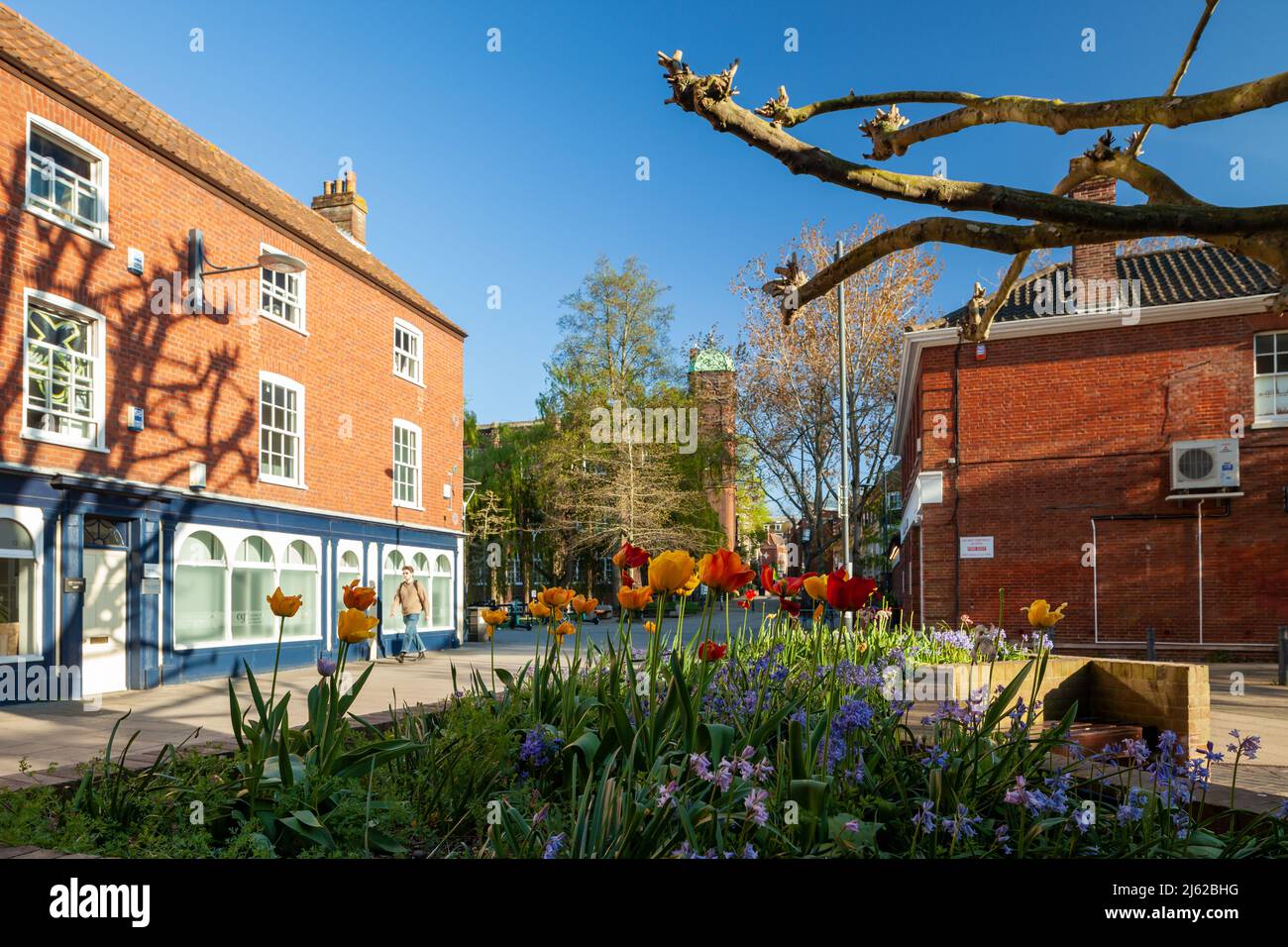Frühlingsnachmittag im Stadtzentrum von Norwich, Norfolk, England. Stockfoto