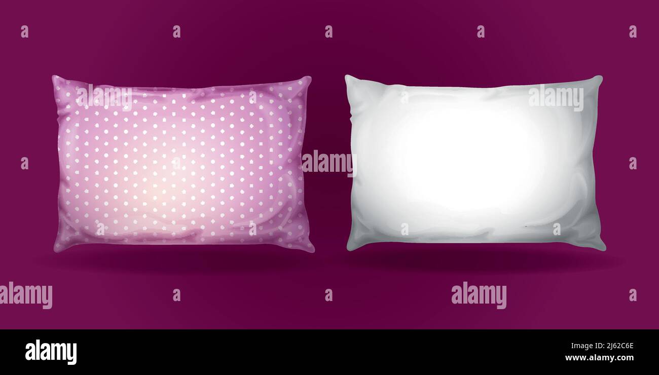 Vector 3d Pillow Mockup Set. Realistische Bettwäsche Stoffelemente. Weiß lila Feder Baumwolle rechteckige Kissen, gemütliche, komfortable Inneneinrichtung Objekt für Stock Vektor