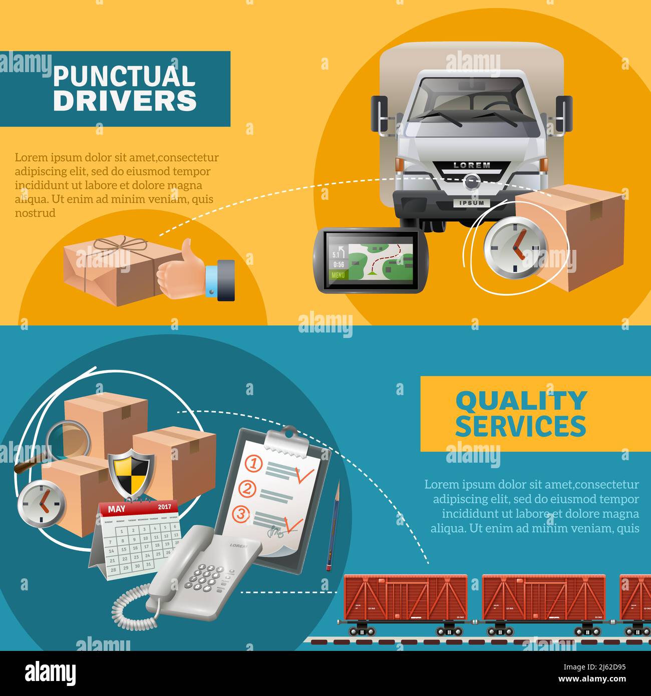 Logistik horizontale Banner mit LKW-Boxen Pakete Navigator Telefon Zwischenablage Eisenbahnvektordarstellung Stock Vektor