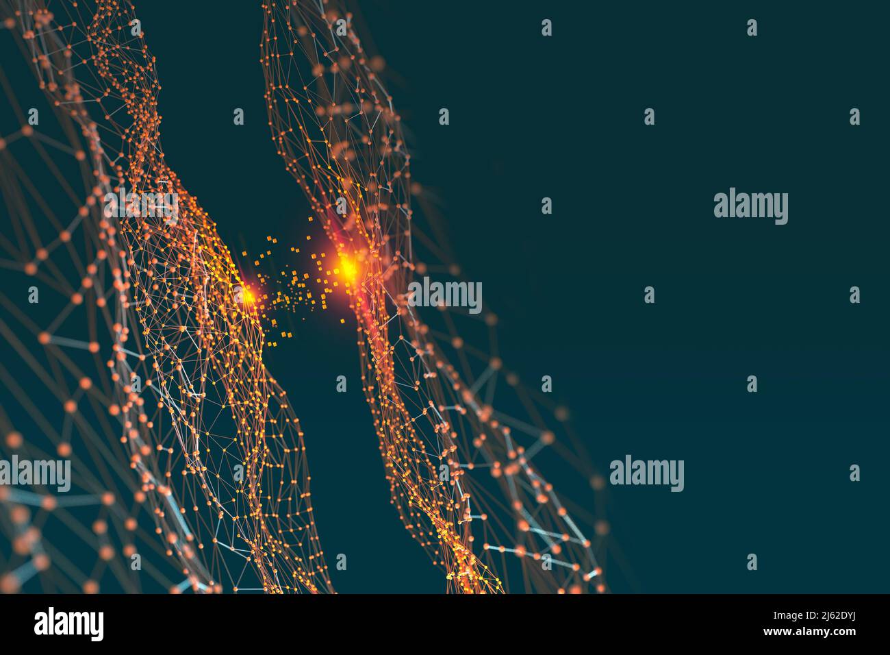 Künstliches digitales neuronales Netzwerk. Blockchain-Technologie. 3D Illustration des Informationskonzepts der Zukunft auf dunklem Hintergrund Stockfoto