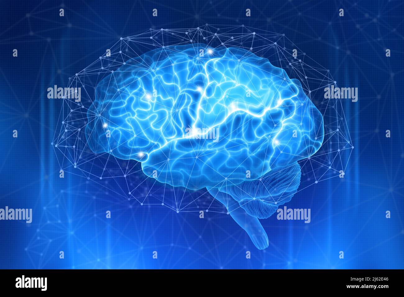 Das menschliche Gehirn ist von einem Netz von Polygonen auf einem dunkelblauen Hintergrund umgeben. Konzeptionelle digitale Illustration Stockfoto