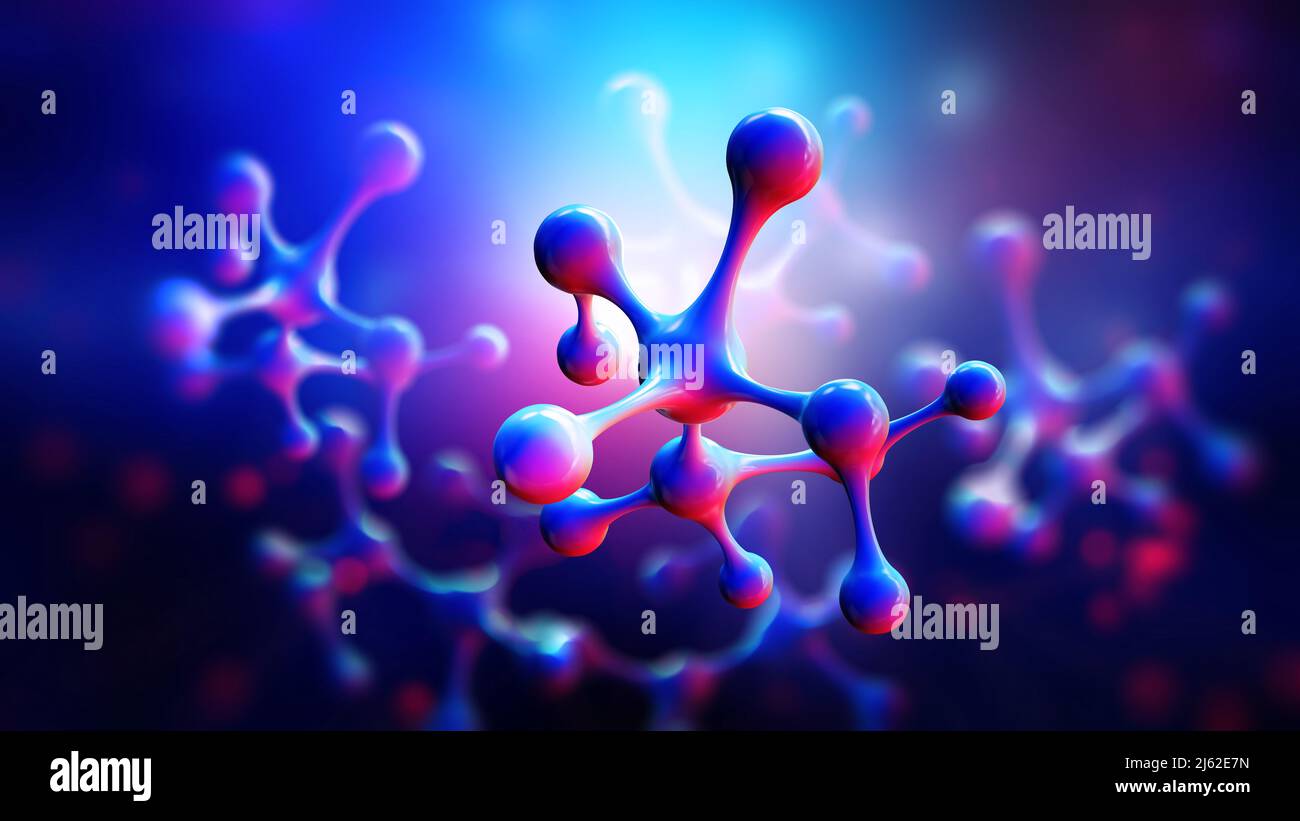 Molekül, Zelle, Kristallgitter. 3D Illustration molekulares Modell. Nanotechnologie in der Medizin. Forschung zu Nanomaterialien. Stockfoto