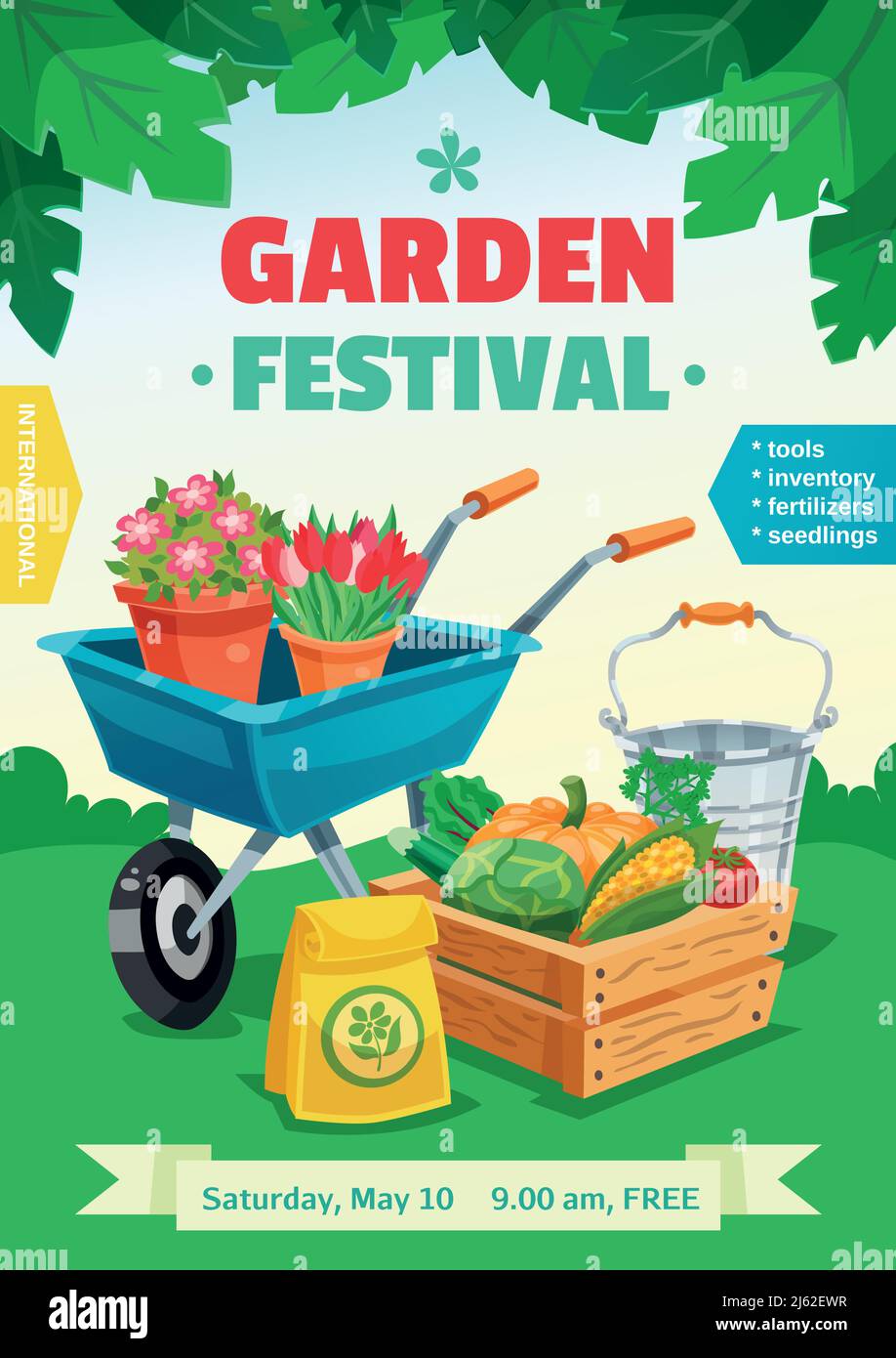 Gartenfestival buntes Plakat mit ländlicher Landschaft und Werbung von Werkzeuge Inventar Sämlinge Dünger flache Vektor-Illustration Stock Vektor