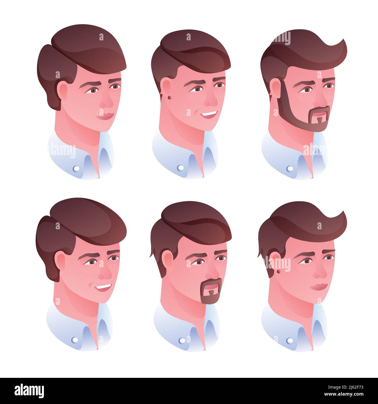 Mann Kopf Frisur Vektor Illustration für Friseursalon oder Friseursalon. Isoliertes Set von männlichen Gesichtern mit Haarschnitten und Bart- oder Schnurrbart-Rasur Stock Vektor