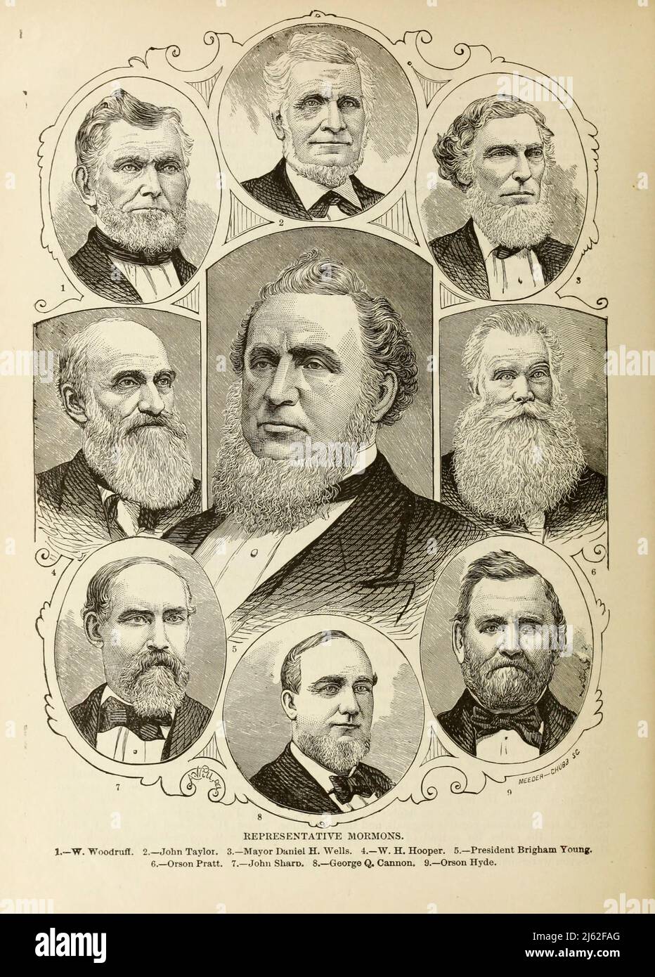 VERTRETER MORMONS. 1. W. Woodruff. 2. John Taylor. 3. – Bürgermeister Daniel H. Wells. 4. W. H. Hooper. 5. Präsident Brigham Young. 6. Orson Pratt. 7. John Sharp. 8. George Q. Cannon. 9. Orson Hyde aus dem Buch The Pacific Tourist : Adams & Bishop's illustrierter transkontinentaler Reiseführer vom Atlantik bis zum Pazifik : Mit vollständigen Beschreibungen der Eisenbahnstrecken über den Kontinent, alle Vergnügungsorte und Orte der bekanntesten Landschaft im Fernen Westen, auch aller Städte, Städte, Dörfer, US-Forts, Quellen, Seen, Berge, Routen von Sommerreisen, beste Orte für Hun Stockfoto