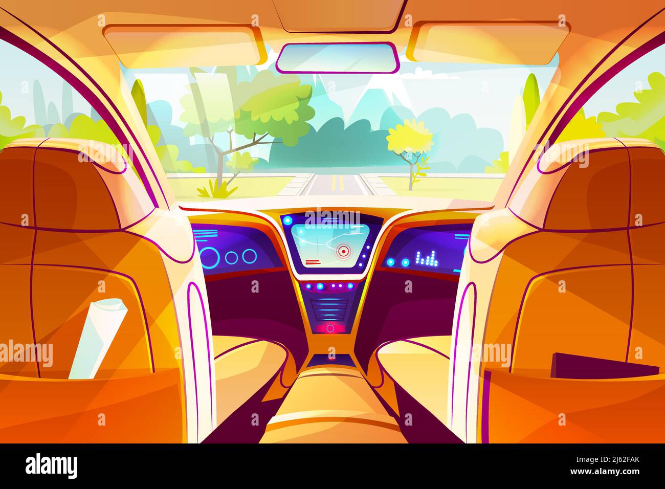 Auto innerhalb Vektor Illustration von intelligenten autonomen Automobil Cartoon-Design Des Armaturenbrett mit GPS-Navigation und Fahrsteuerung Für fut Stock Vektor