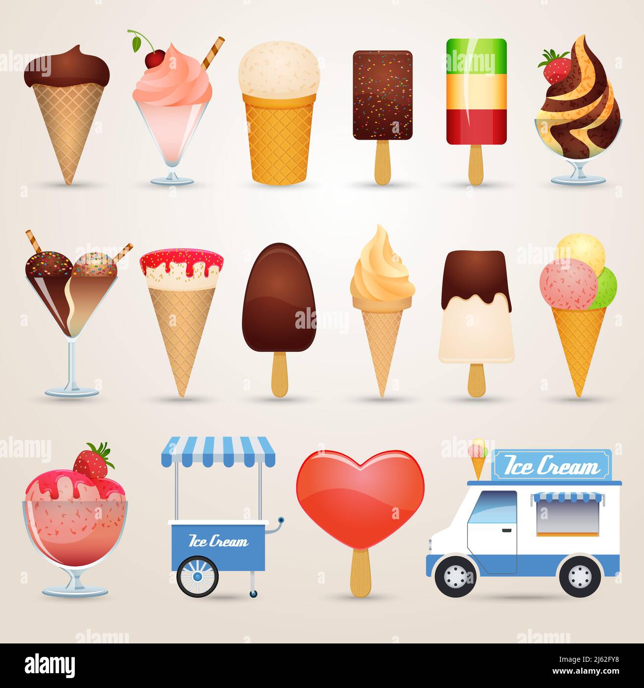 Eis verschiedene Arten Schokolade Karamell und Obst Cartoon-Symbole Festlegen der schattenisolierten Vektordarstellung Stock Vektor
