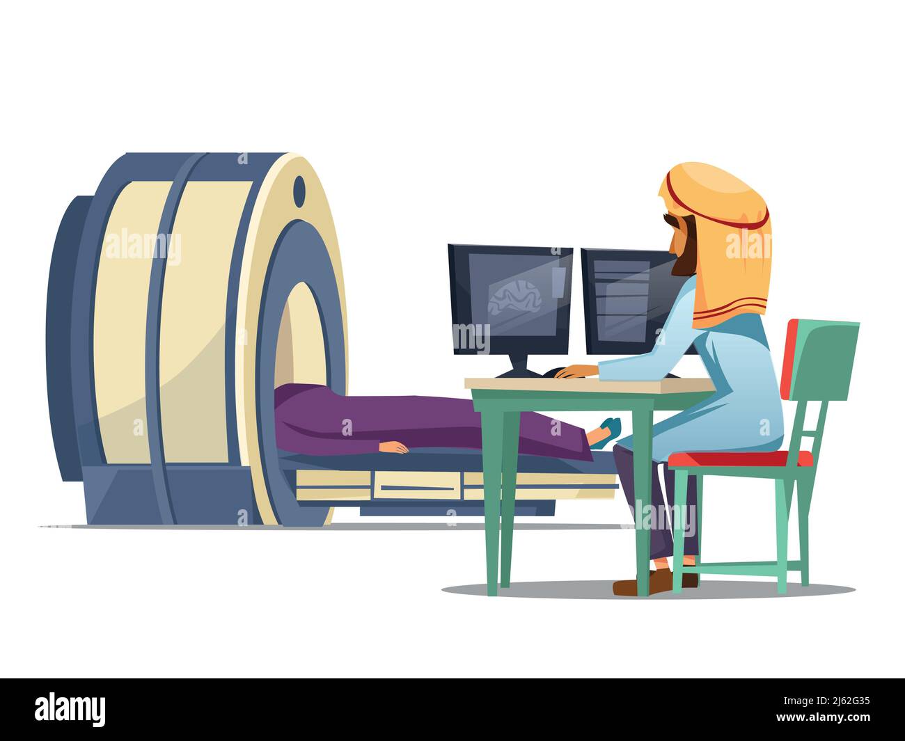 Vektor Cartoon arabische Computertomographie CT Magnetresonanztomographie mrt-Patienten-Scanning-Konzept. Muslim Khaliji Mann Arzt in medizinischen Uniform Hijab Stock Vektor