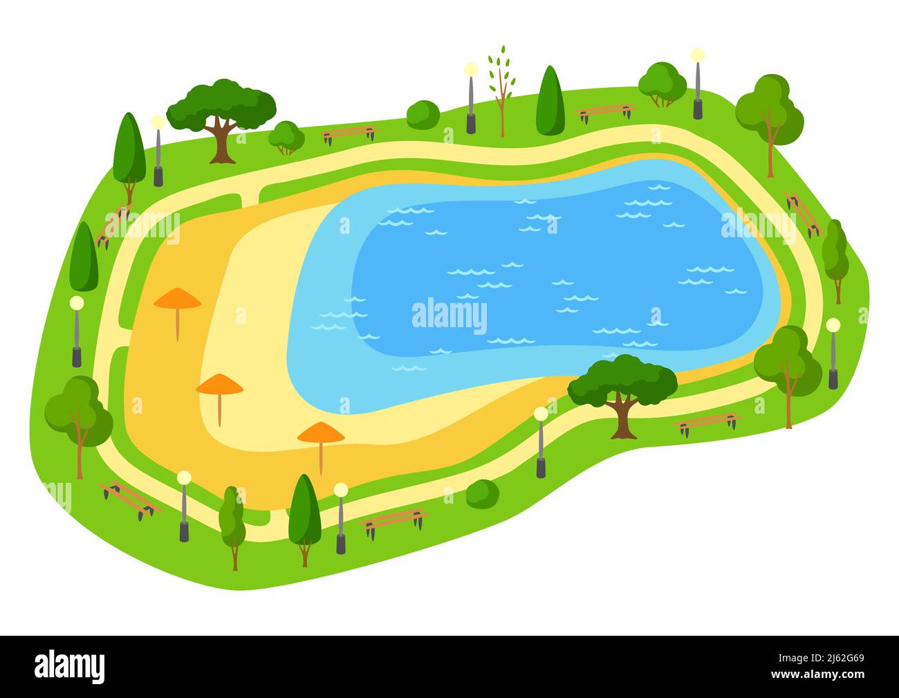 Illustration des schönen Sommer oder Frühling Stadtparks. Städtischer öffentlicher Raum mit See, Rasen und Bäumen zum Wandern und Entspannen. Stock Vektor